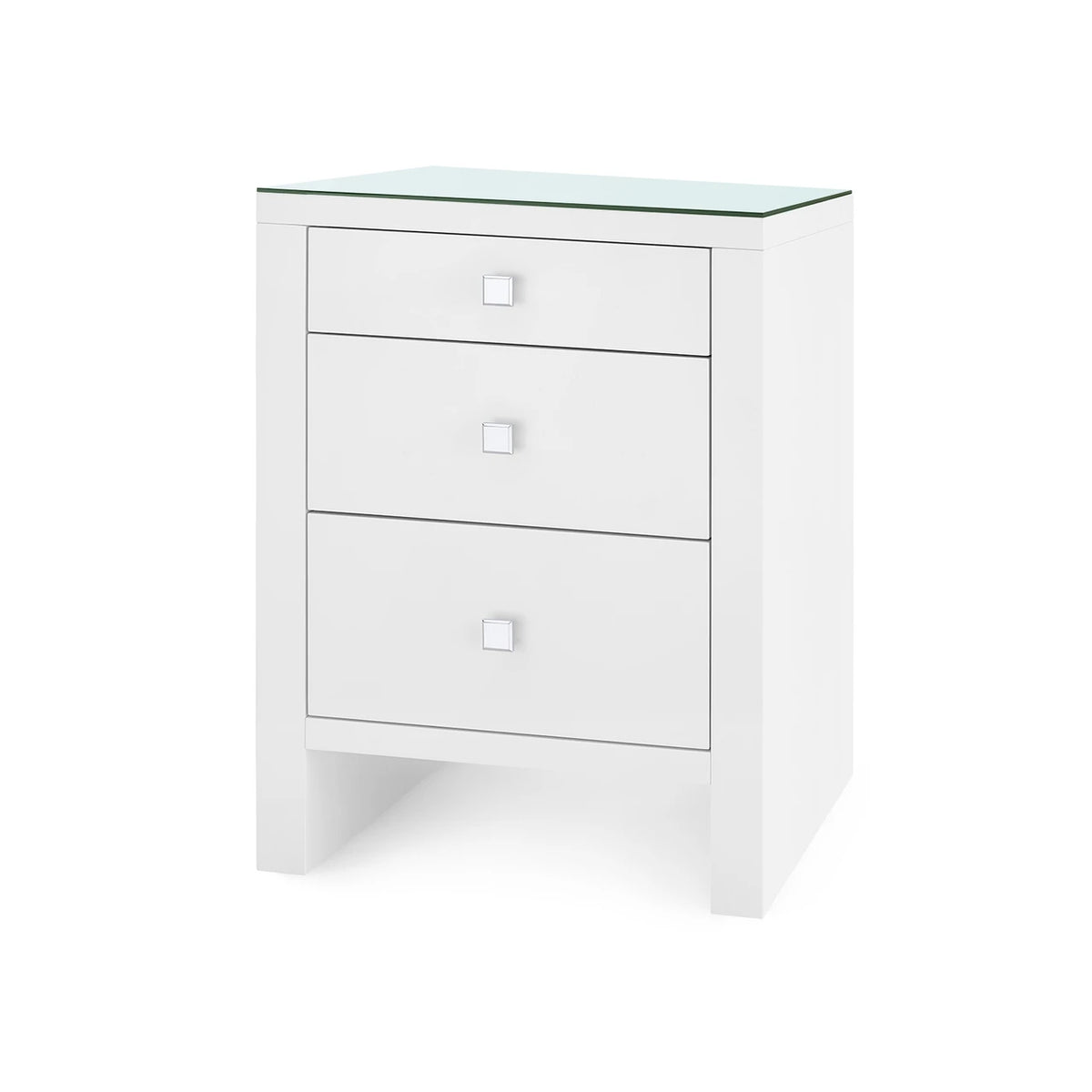Morgan 3-Drawer Side Table by Villa & House — Chiffon White finish with clear glass top, angled view