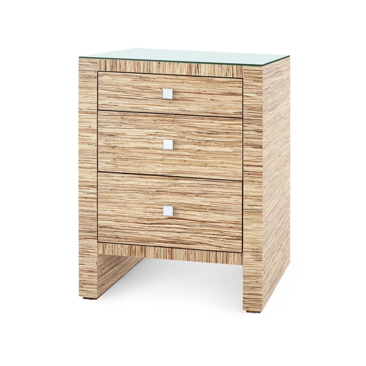 Morgan 3-Drawer Side Table by Villa & House — Papyrus finish with clear glass top, angled view