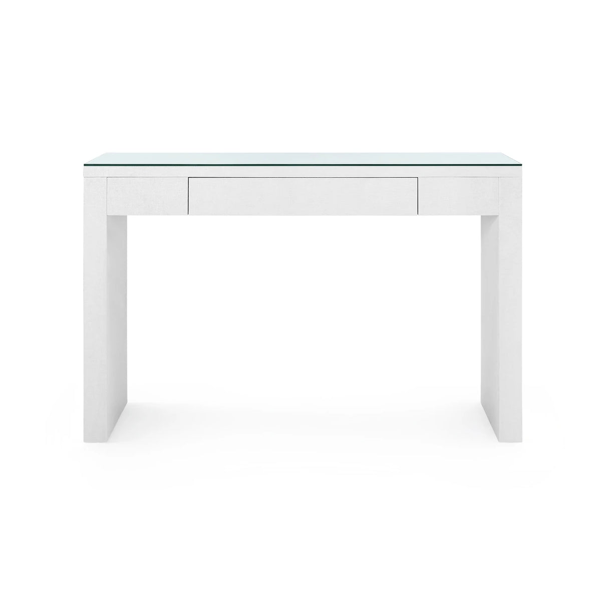 Morgan Grasscloth Console Table by Villa & House — white finish with glass top and center drawer, front view