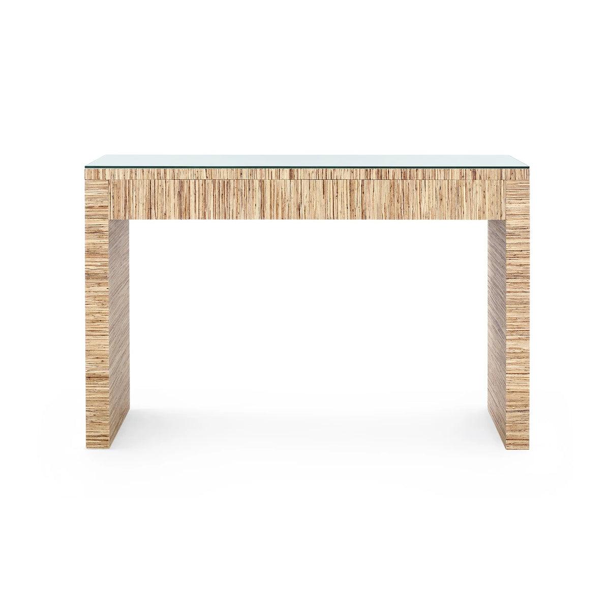 Morgan Console Table by Villa & House — natural raffia with clear glass top, rear view