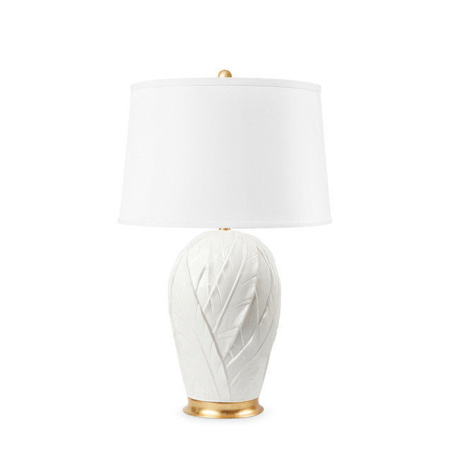 Tobacco Leaf Lamp with Shade 17-inch White Linen with Gold