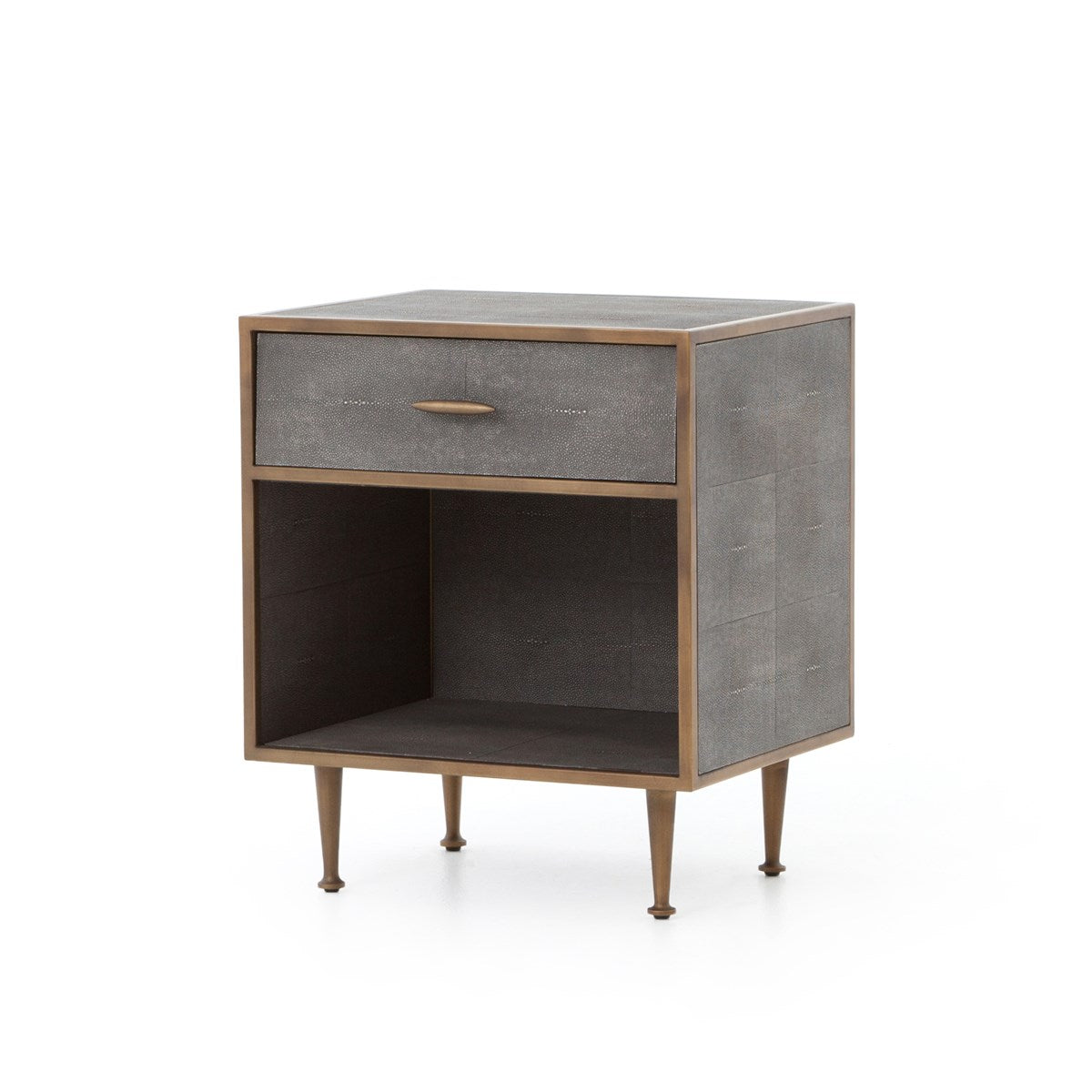 Shagreen Bedside Table Antique BrassTable Four Hands Antique Brass Four Hands, Burke Decor, Mid Century Modern Furniture, Old Bones Furniture Company, Old Bones Co, Modern Mid Century, Designer Furniture, https://www.oldbonesco.com/
