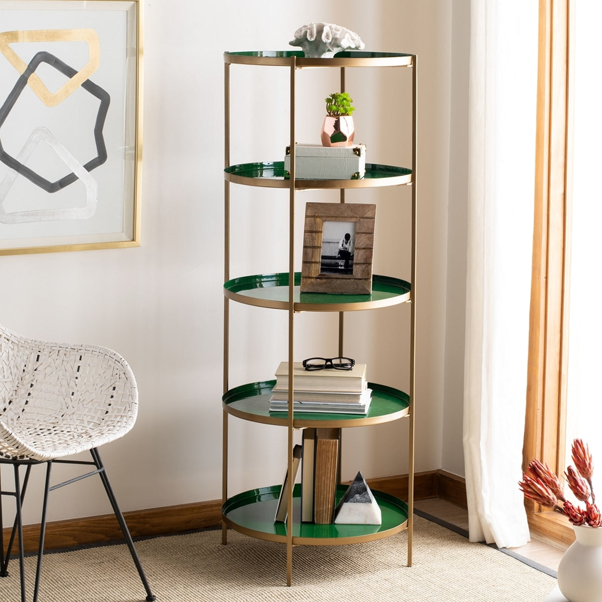 Tia Round 5 Tier Etagere Bookshelf Safavieh Four Hands, Burke Decor, Mid Century Modern Furniture, Old Bones Furniture Company, Old Bones Co, Modern Mid Century, Designer Furniture, https://www.oldbonesco.com/