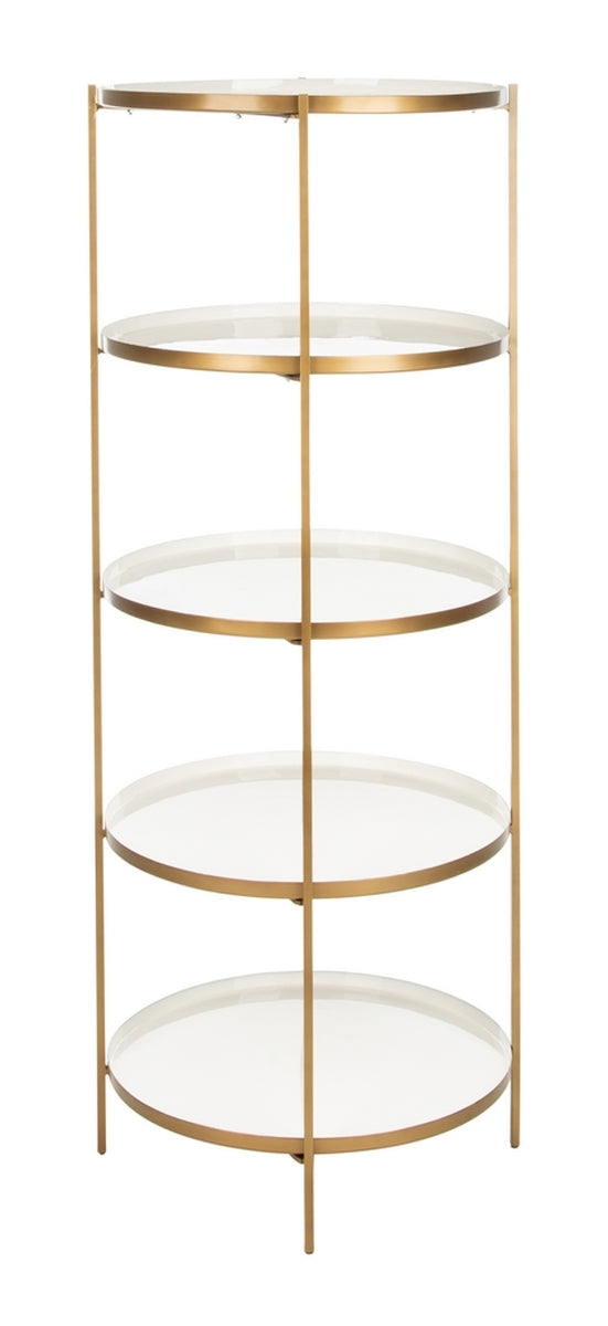 Tia Round 5 Tier Etagere White / BrassBookshelf Safavieh White / Brass Four Hands, Burke Decor, Mid Century Modern Furniture, Old Bones Furniture Company, Old Bones Co, Modern Mid Century, Designer Furniture, https://www.oldbonesco.com/