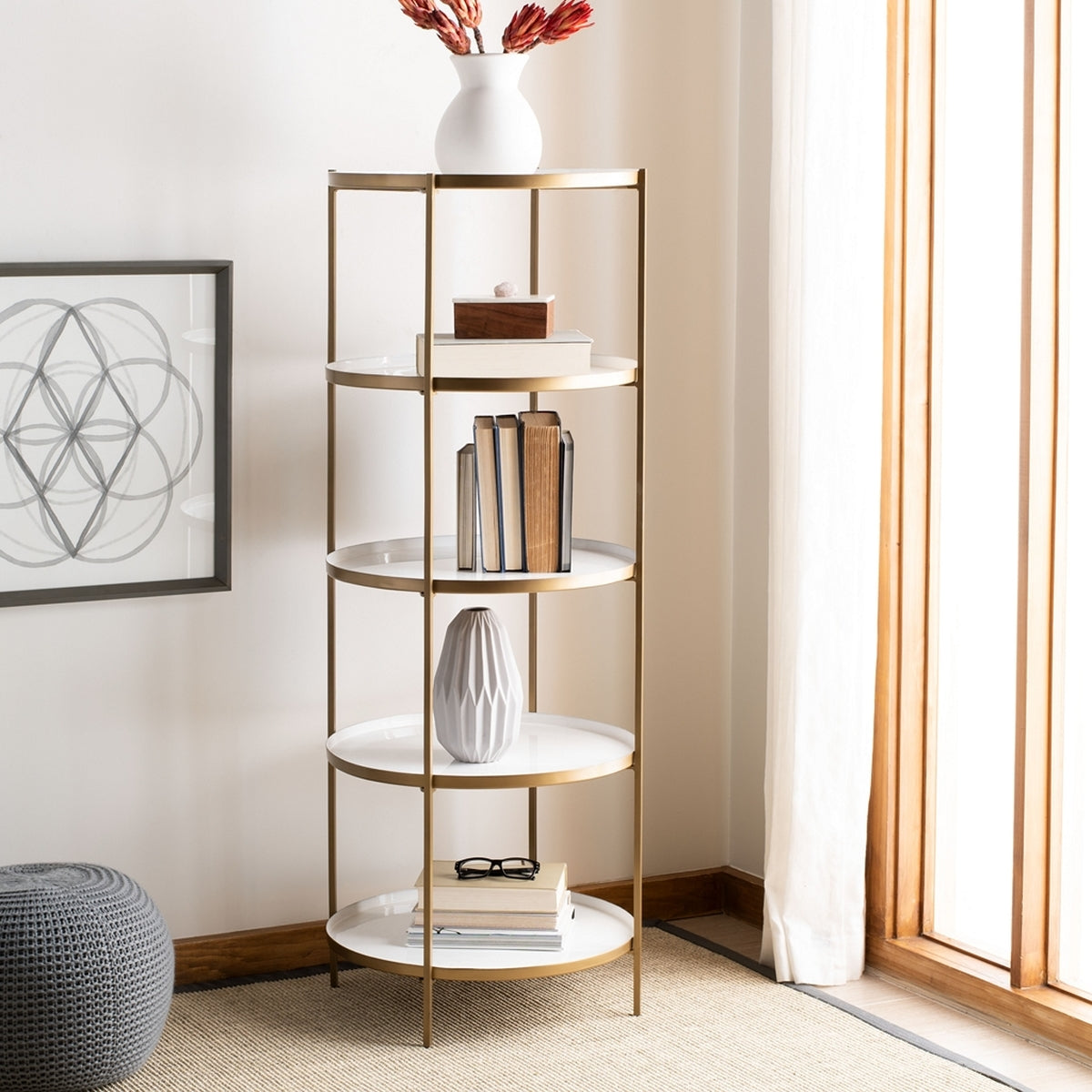 Tia Round 5 Tier Etagere Bookshelf Safavieh Four Hands, Burke Decor, Mid Century Modern Furniture, Old Bones Furniture Company, Old Bones Co, Modern Mid Century, Designer Furniture, https://www.oldbonesco.com/