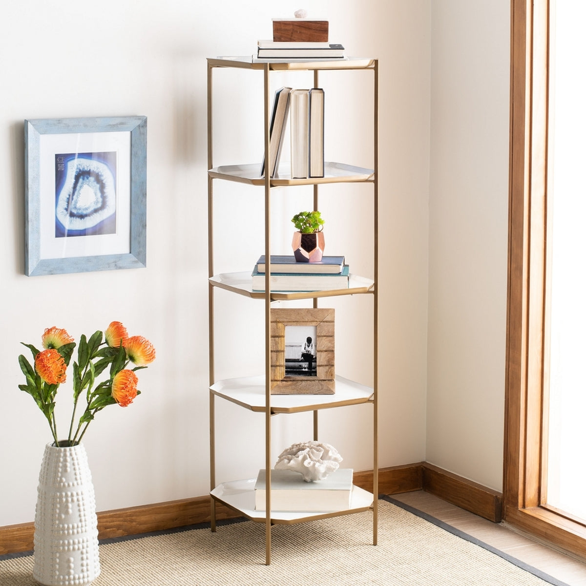 Sylvie 5 Tier Etagere Bookshelf Safavieh Four Hands, Burke Decor, Mid Century Modern Furniture, Old Bones Furniture Company, Old Bones Co, Modern Mid Century, Designer Furniture, https://www.oldbonesco.com/