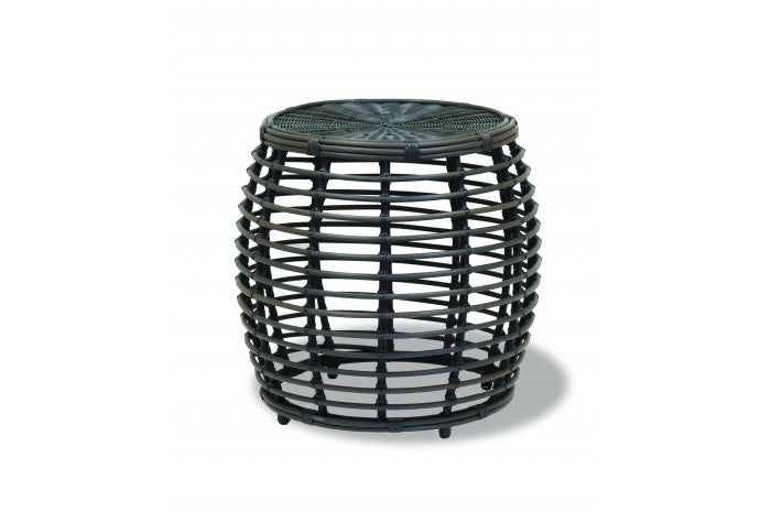 Venice Round End Table by Sunset West — dark woven outdoor side table, three-quarter studio view.