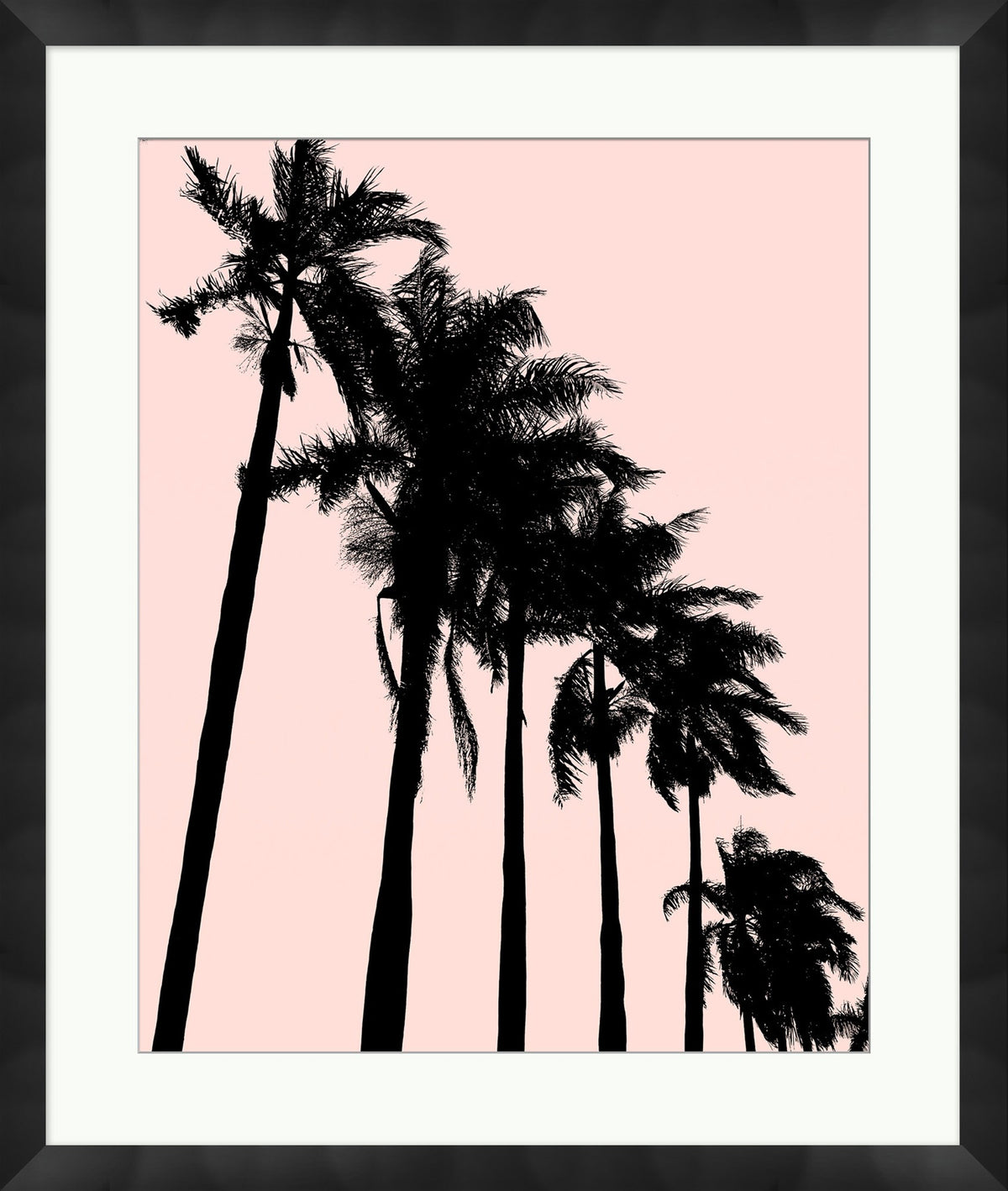 Summer Palms 1 by Wendover Art Group — Christopher Kennedy palm tree silhouettes on a pink background, white mat and black frame.