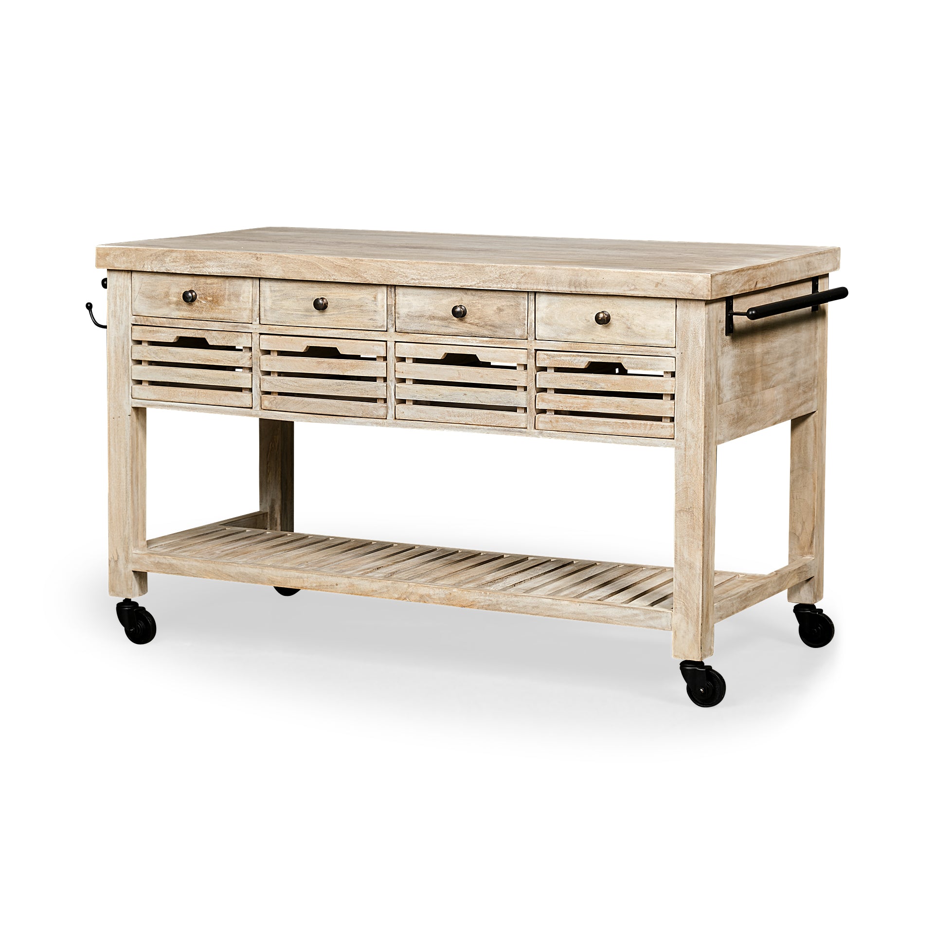 Columbia I Light Brown Body with Black Iron Knobs Rolling Kitchen Island