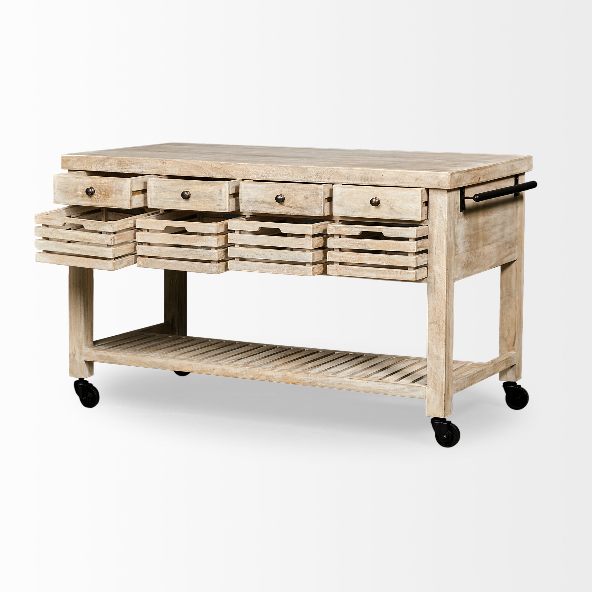 Columbia I Light Brown Body with Black Iron Knobs Rolling Kitchen Island