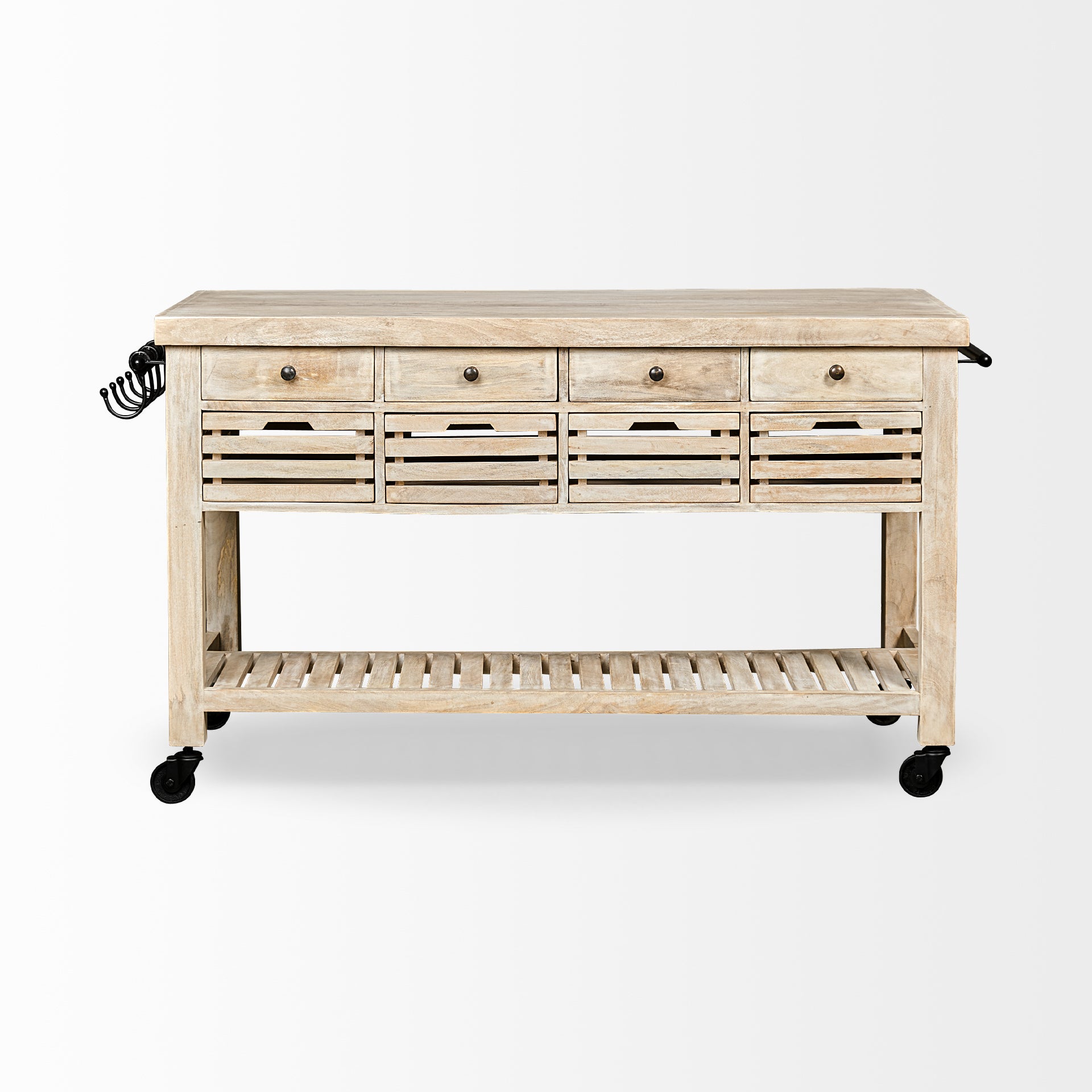Columbia I Light Brown Body with Black Iron Knobs Rolling Kitchen Island