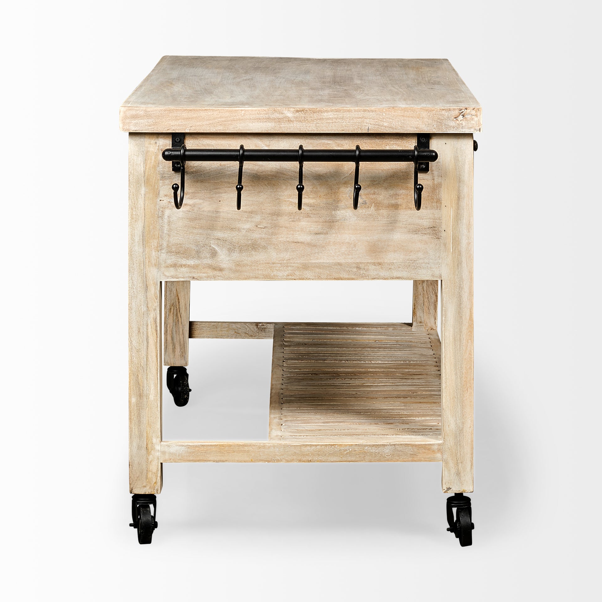 Columbia I Light Brown Body with Black Iron Knobs Rolling Kitchen Island