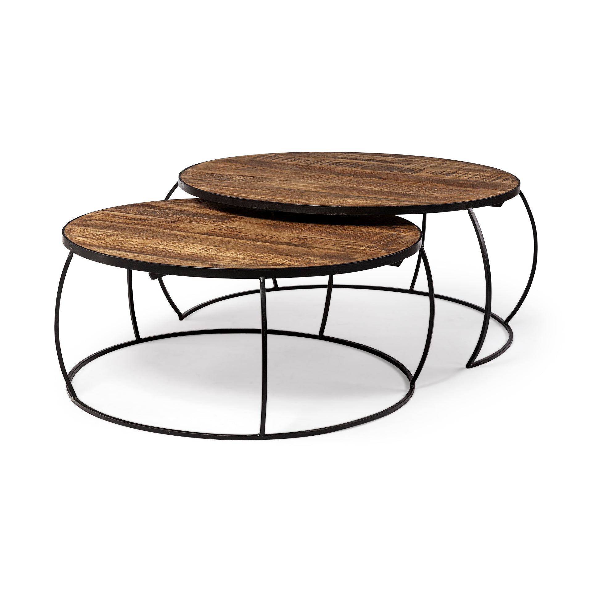 Clapp I Round Brown Wood Top Black Iron Base Nesting Coffee Tables - Set of 2