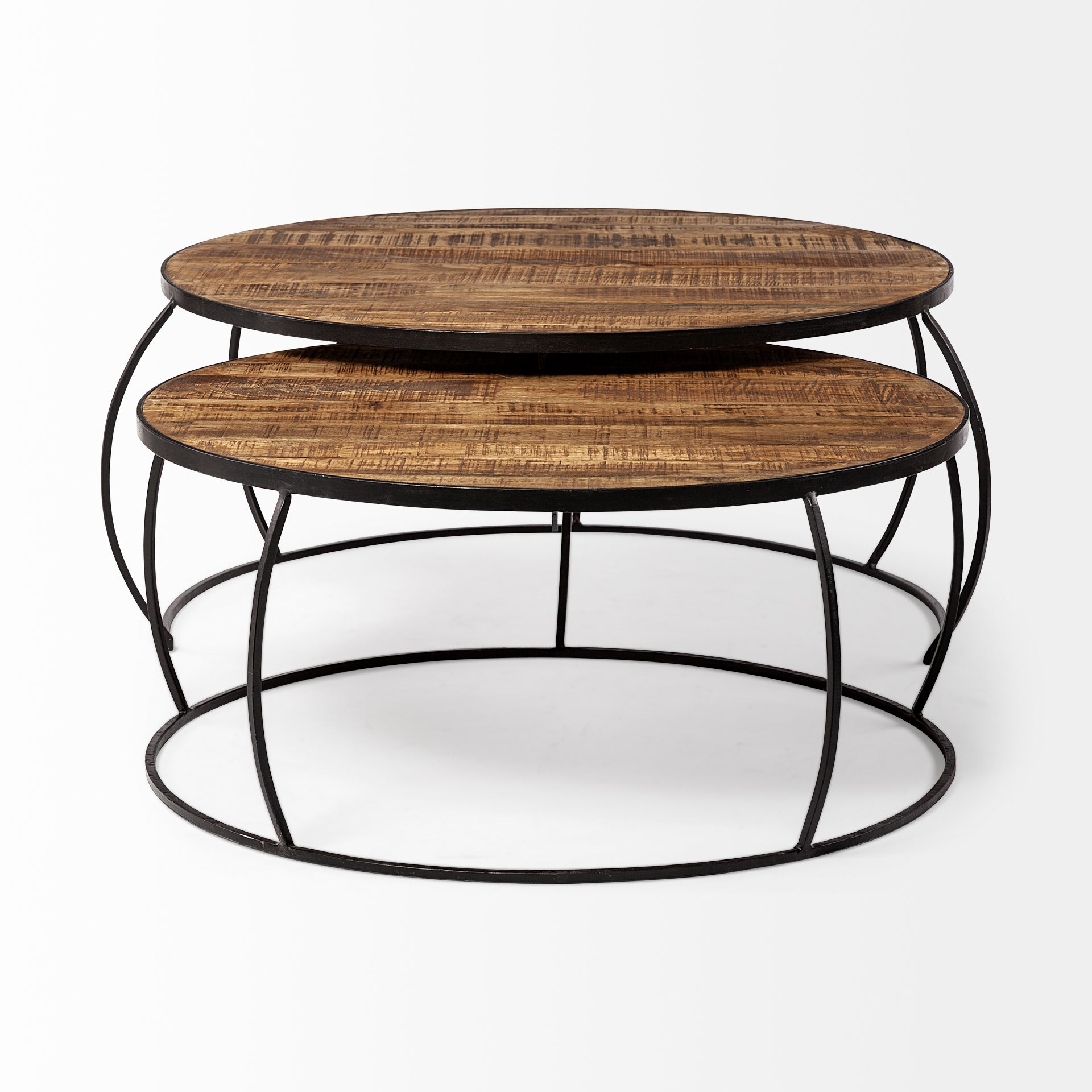 Clapp I Round Brown Wood Top Black Iron Base Nesting Coffee Tables - Set of 2