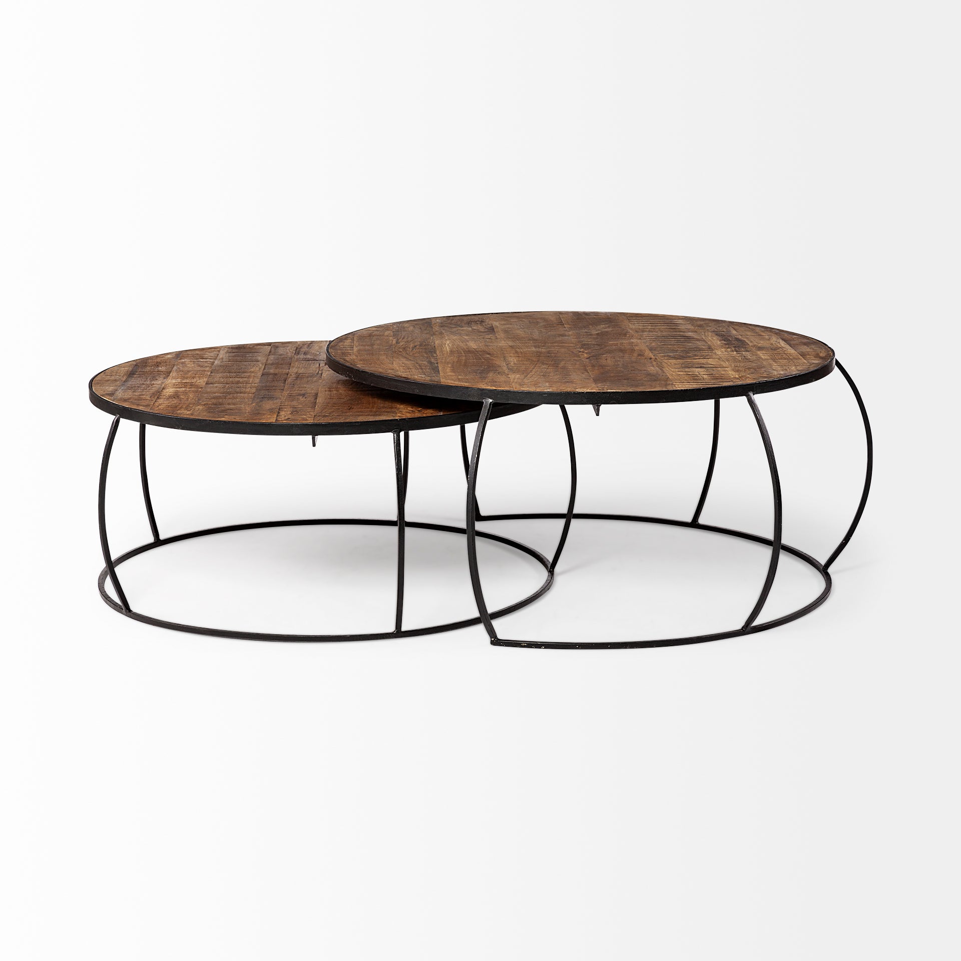 Clapp I Round Brown Wood Top Black Iron Base Nesting Coffee Tables - Set of 2
