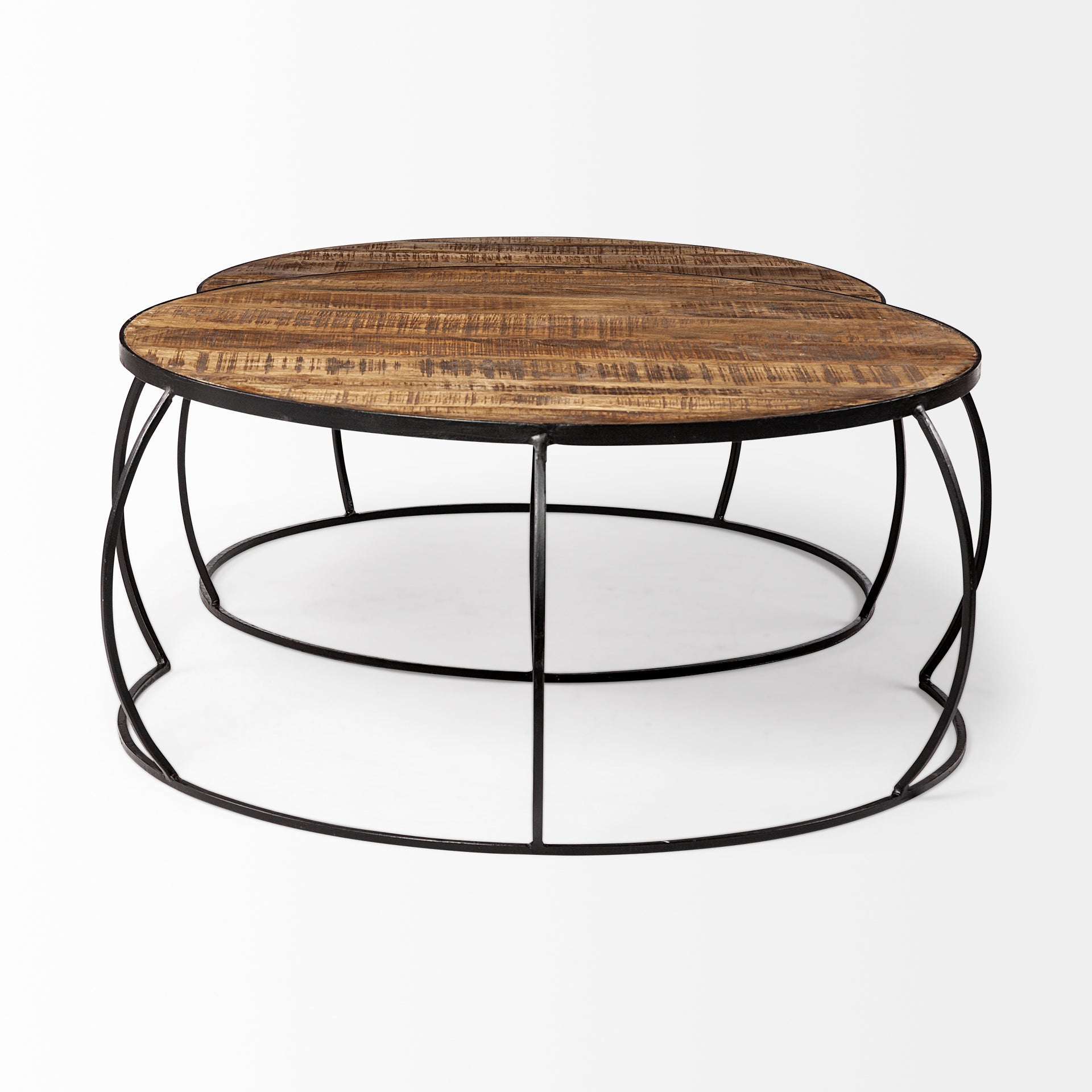 Clapp I Round Brown Wood Top Black Iron Base Nesting Coffee Tables - Set of 2