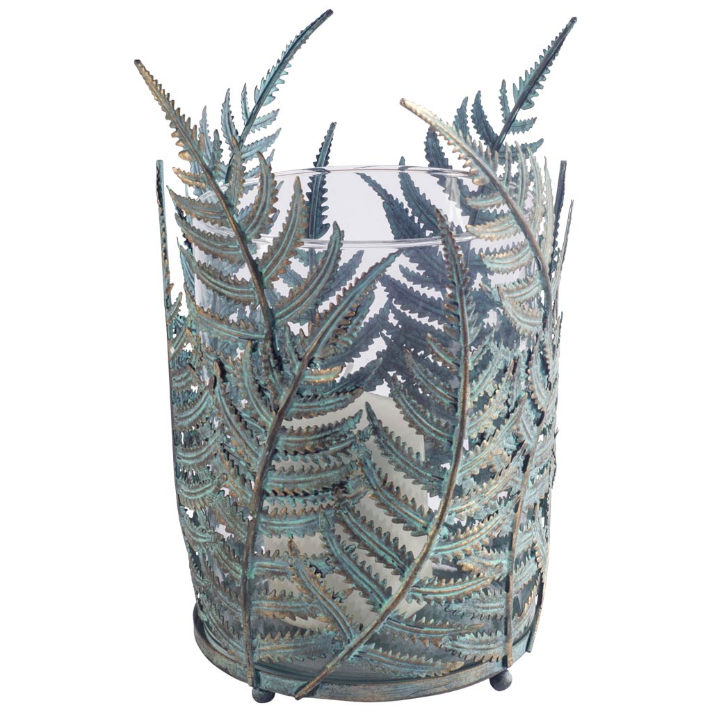 Palen II Large Green with Gold Metal Fern Leaf Table Candle Holder