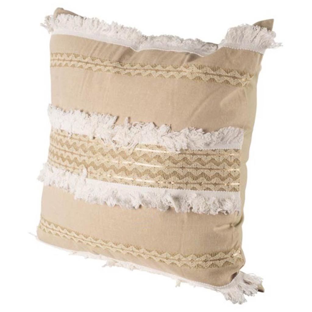 Duston III Tan and White Fringe Detail Decorative Pillow Cover