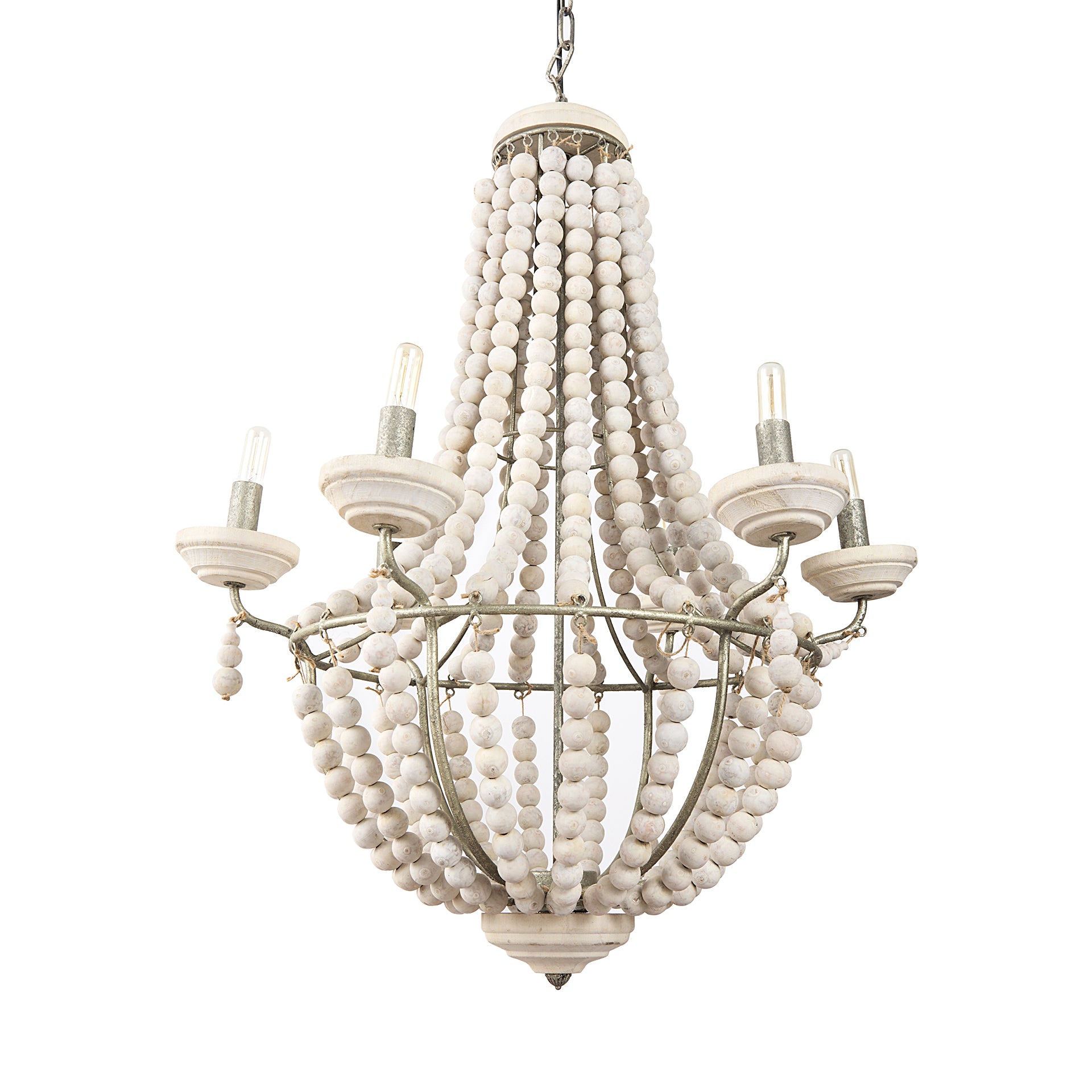 Phillum Silver Metal Chassis and White Wood Beaded Six Bulb Chandelier