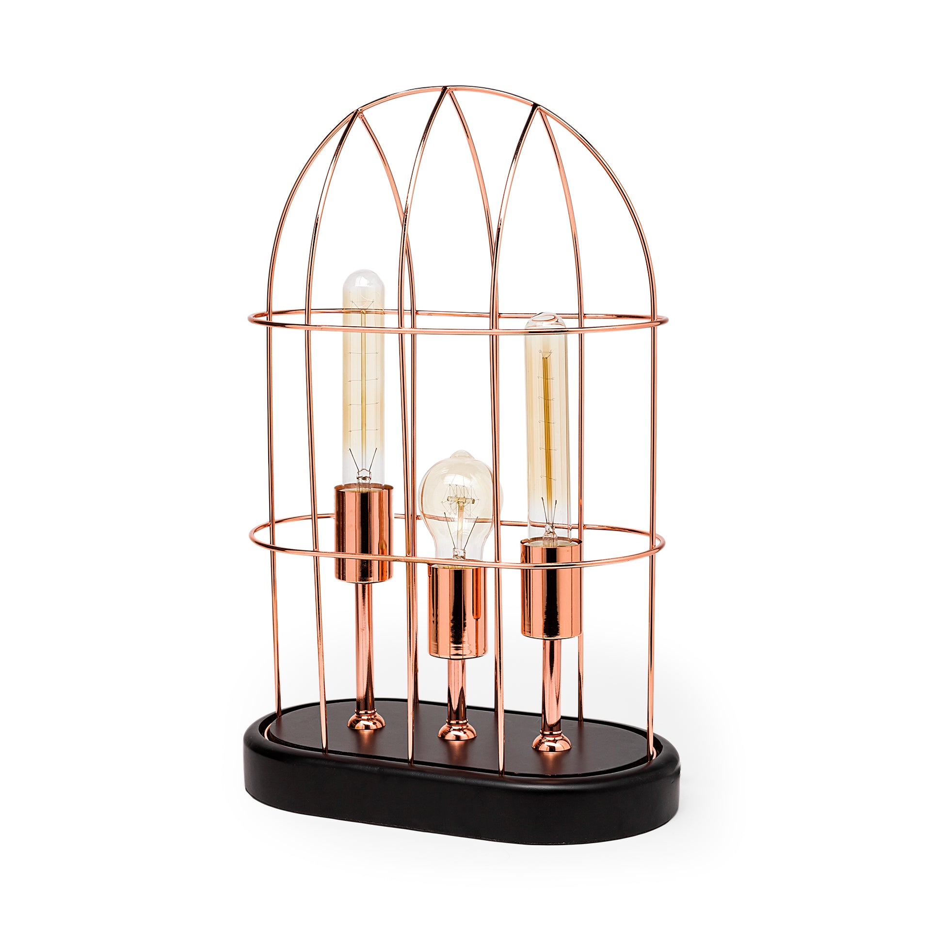 Sutton Rose-Gold Metal Cylindrical Cage Three Bulb Table Lamp
