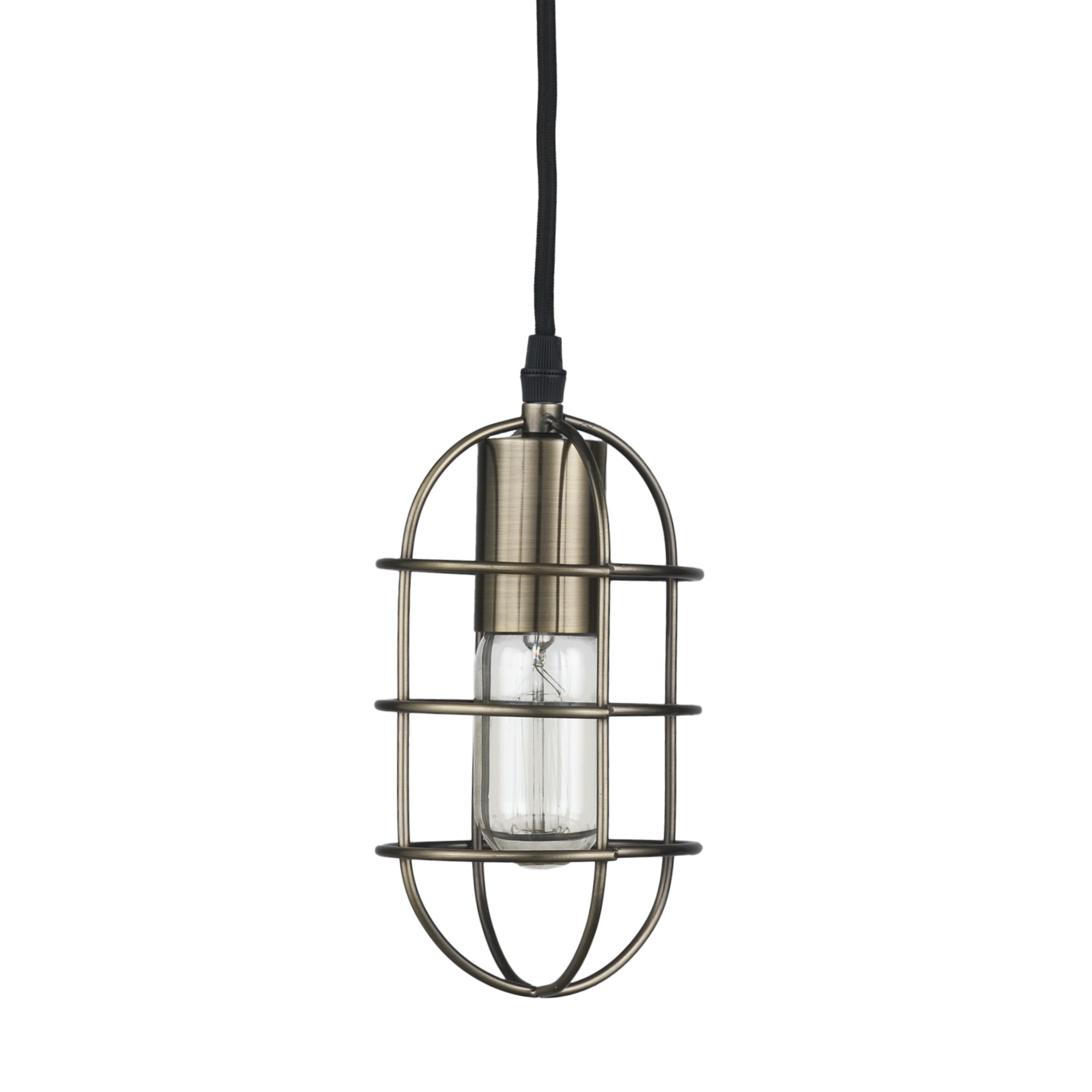 Hines I Antiqued-Brass Metal Cage Pendant Light