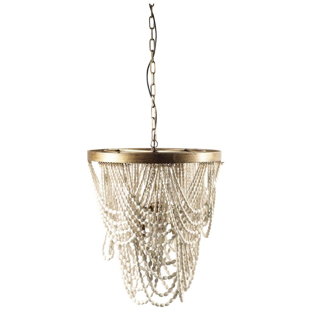 Pendra Gold Metal Whitewashed Wooden Bead Three Bulb Chandelier