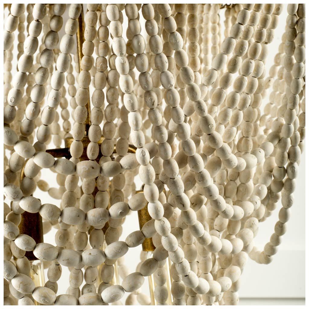 Pendra Gold Metal Whitewashed Wooden Bead Three Bulb Chandelier