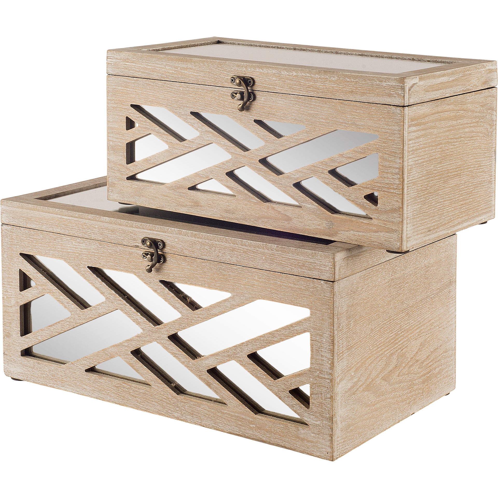 Tiffany Off-White Wooden with Mirror Inlay Chevron Boxes - Set of 2