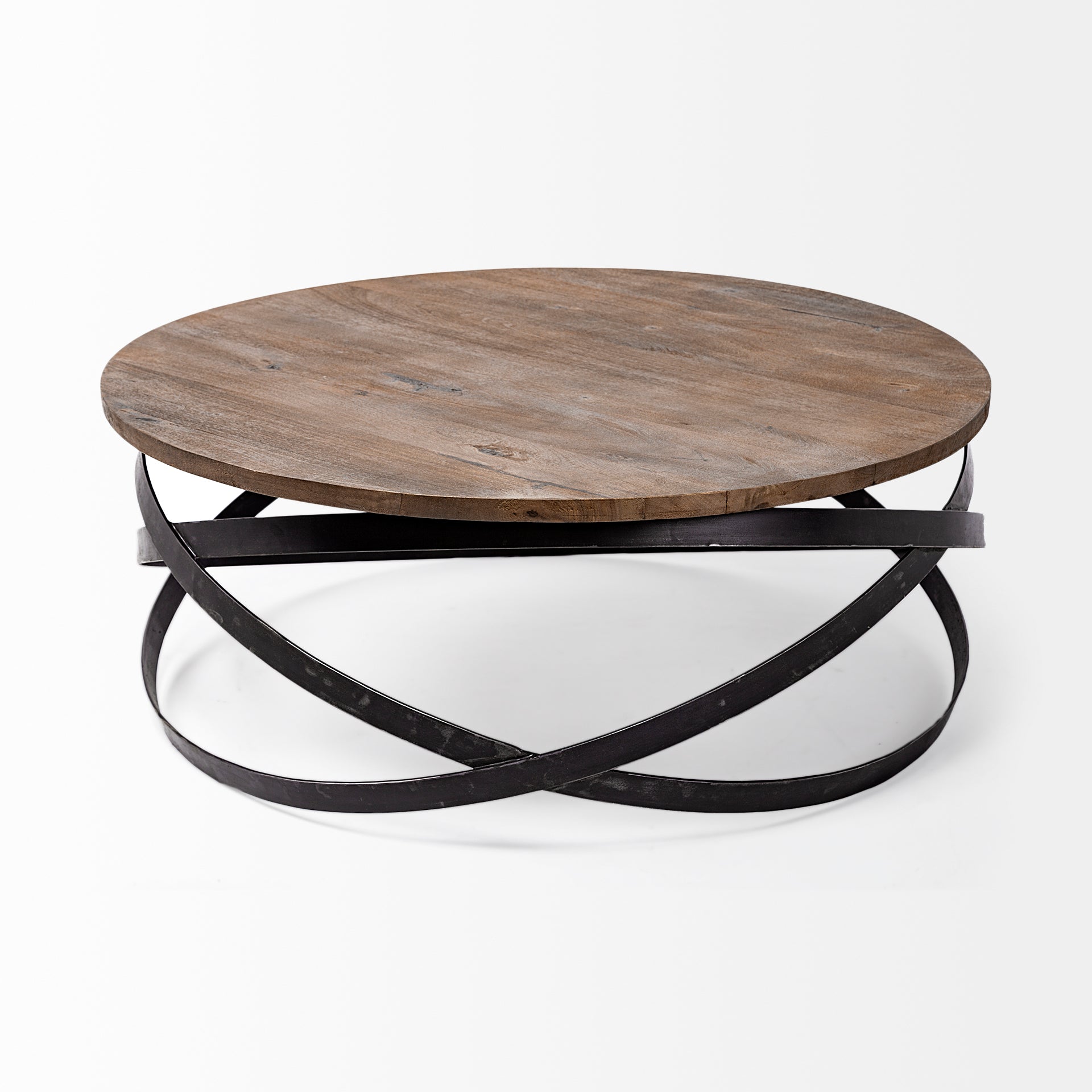 Triumph 40" Round Brown Solid Wood Top Black Metal Base Coffee Table