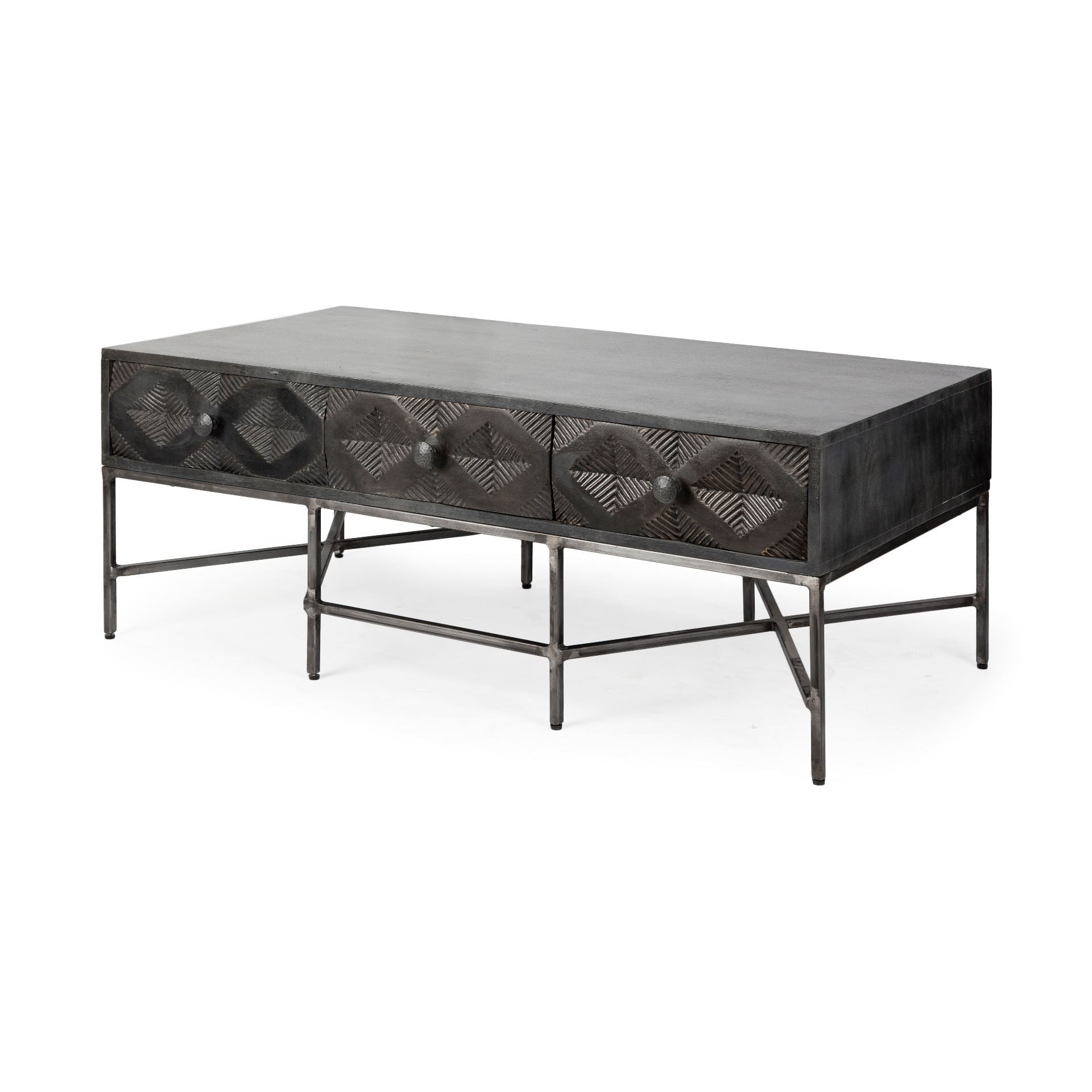 Hogarth Rectangular Brown Solid Wood Top Iron Metal Base with 6 Drawers Coffee Table