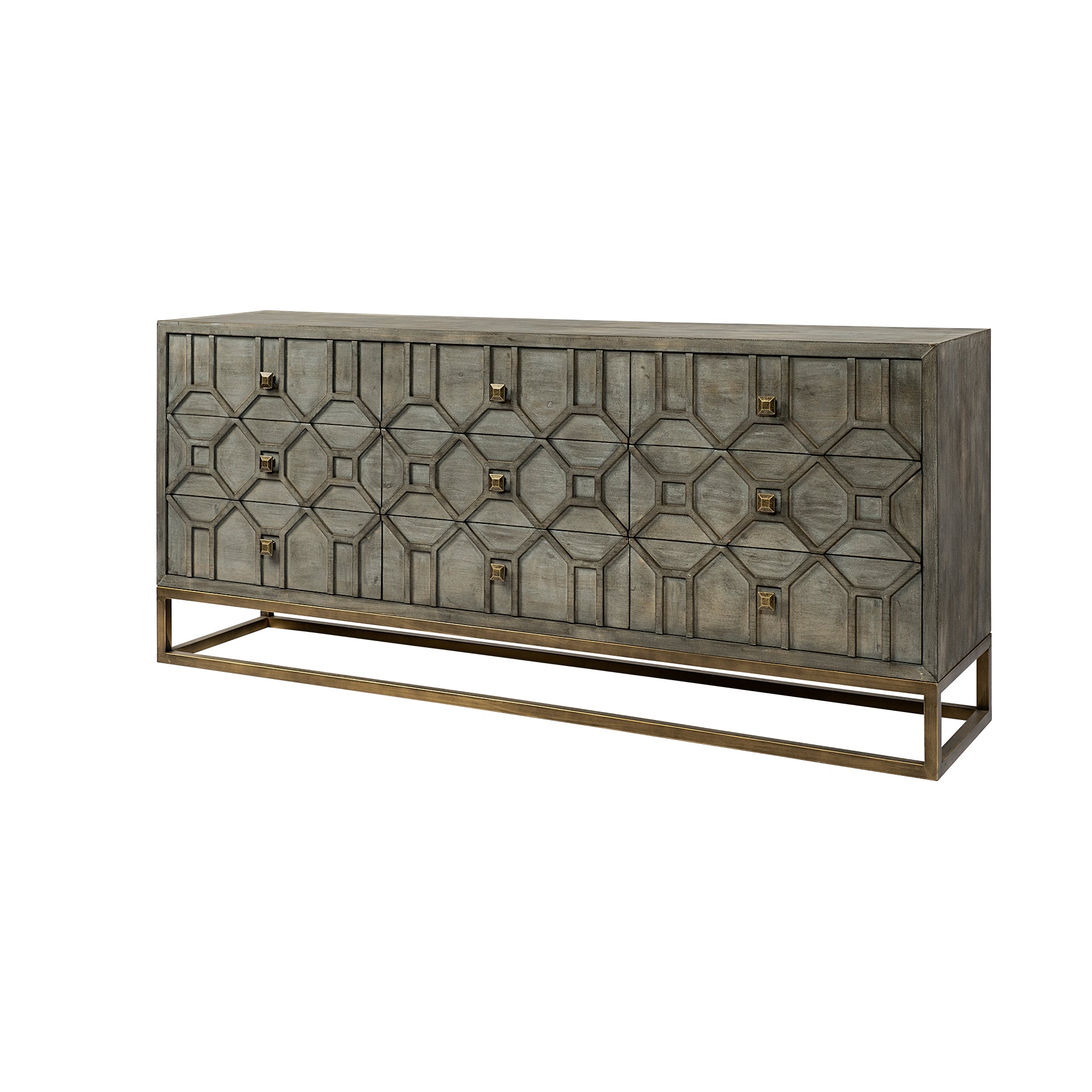 Genevieve II Gray Fir Veneer with Gold Metal Frame Base 9 Drawer Sideboard