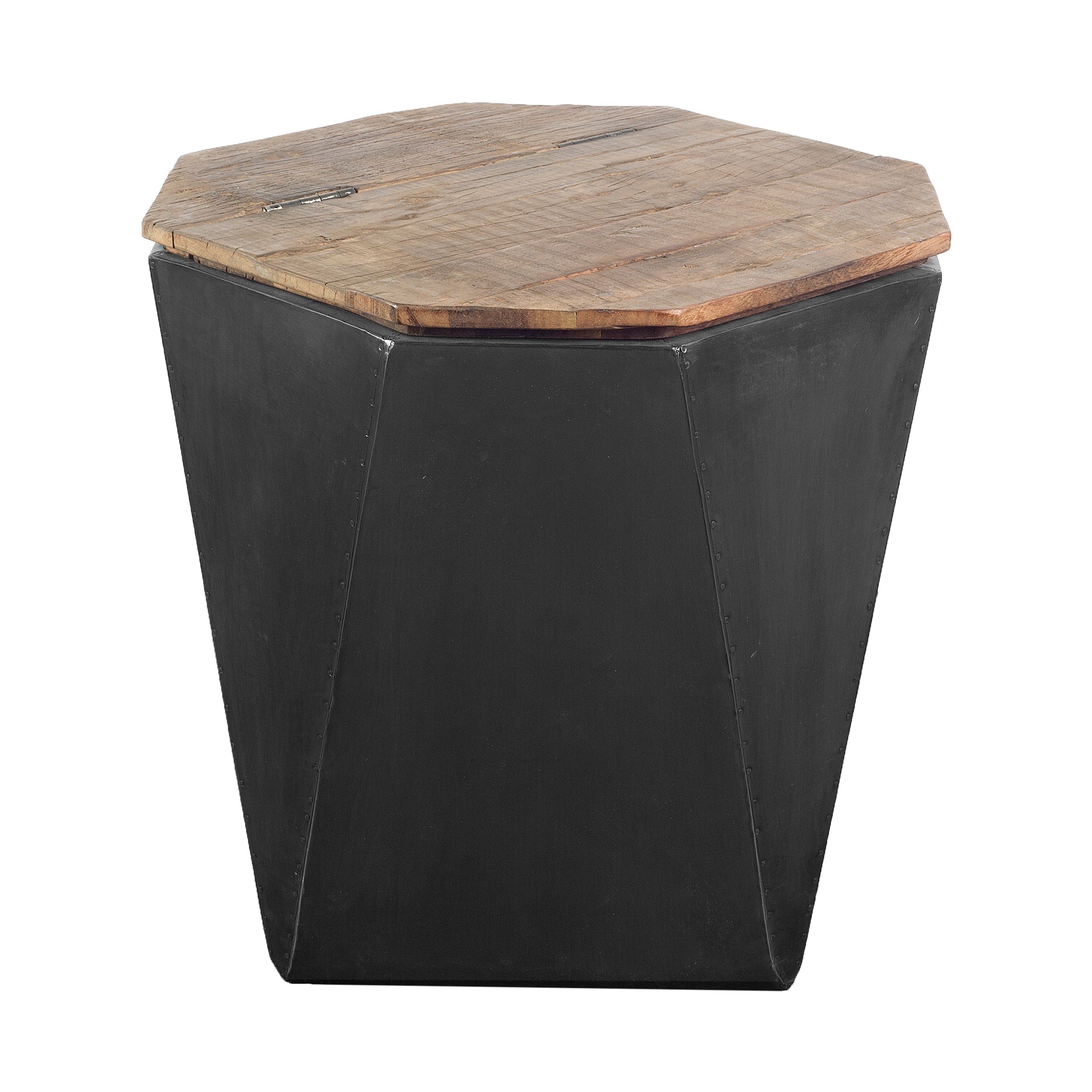 Esagono Octagonal Metal-Clad Reclaimed Wood End/Side Table with Storage
