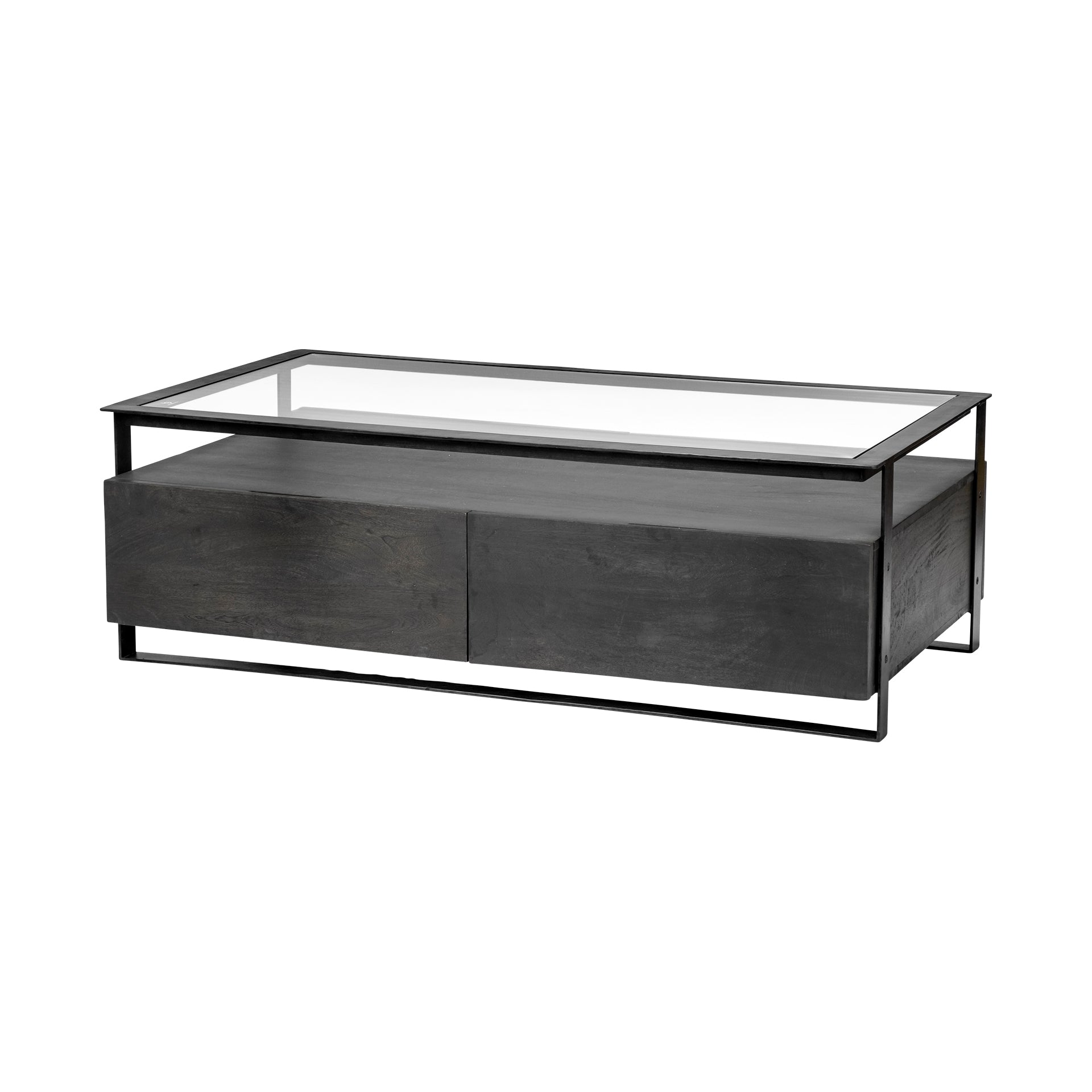 Vidro Rectangular Glass Top Black Solid Wood Drawers & Black Frame Coffee Table