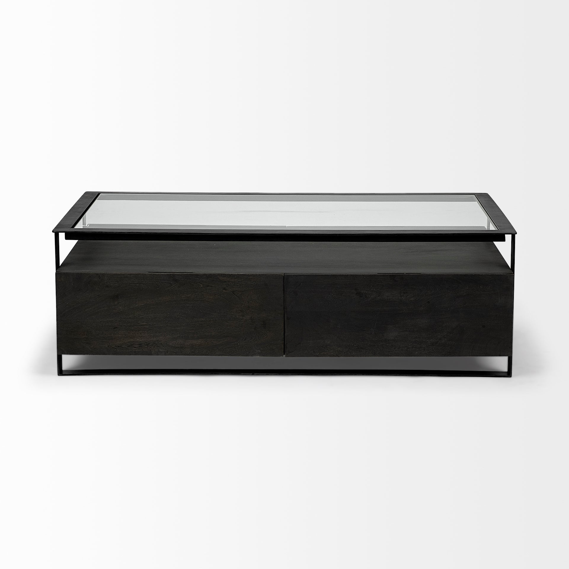 Vidro Rectangular Glass Top Black Solid Wood Drawers & Black Frame Coffee Table