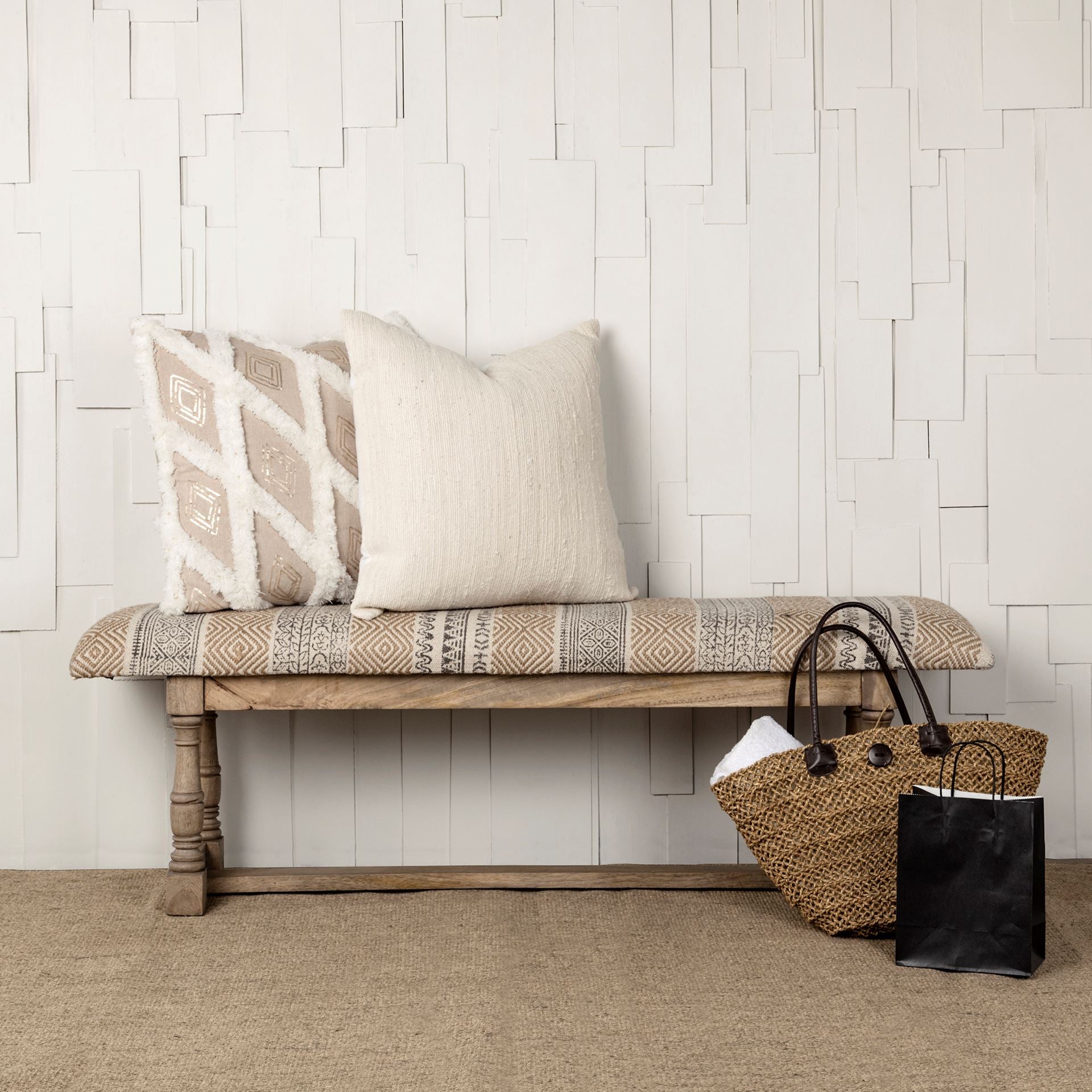 Greenfield II Patterned Tan Upholstered Wood Frame Accent Bench