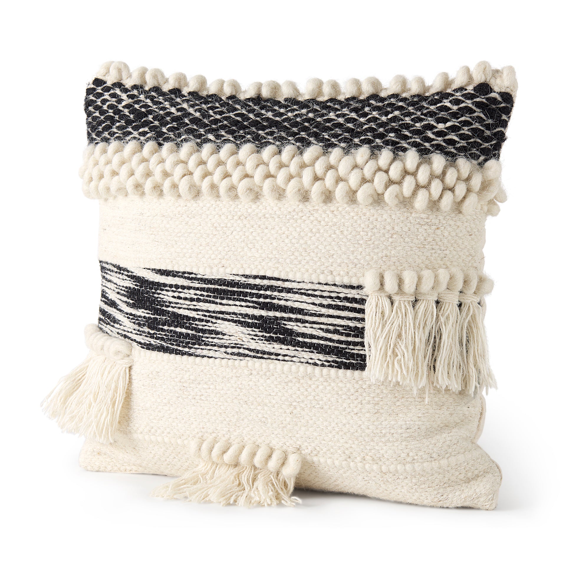 Beardell Cream and Black Details With Tassels Decorative Pillow Cover