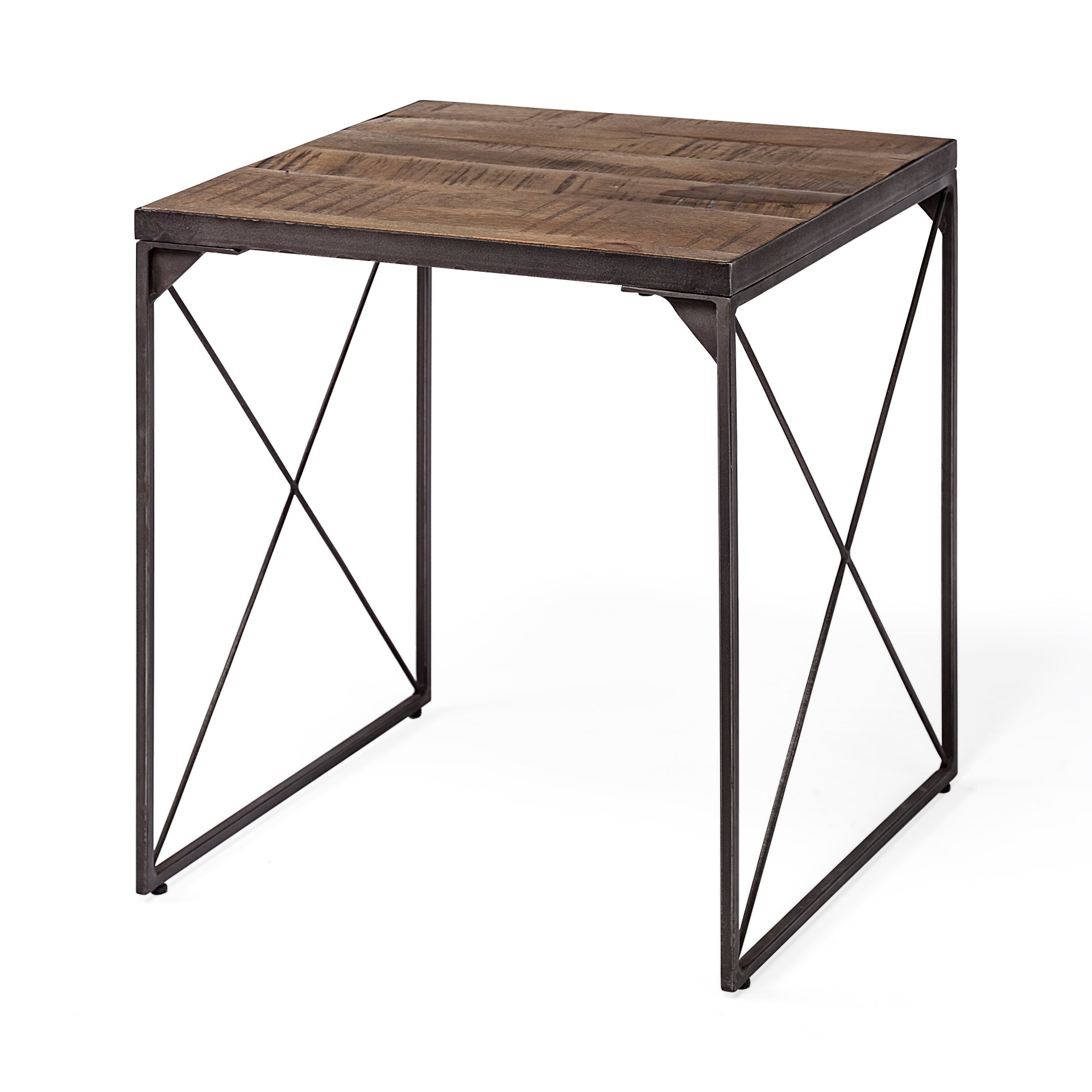 Trestman II Square Top Medium Brown Wood and Iron Cross Braced End/Side Table