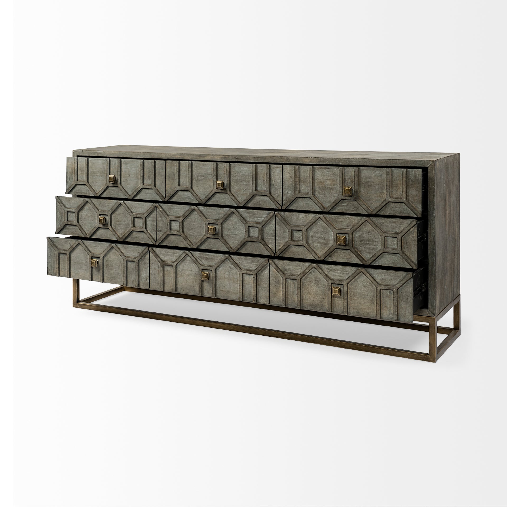 Genevieve II Gray Fir Veneer with Gold Metal Frame Base 9 Drawer Sideboard