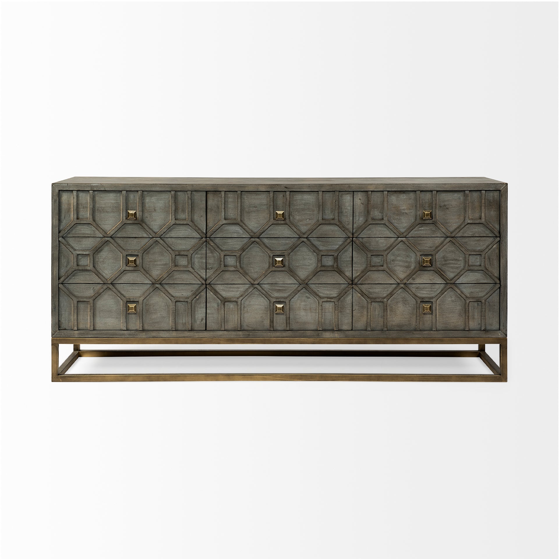 Genevieve II Gray Fir Veneer with Gold Metal Frame Base 9 Drawer Sideboard
