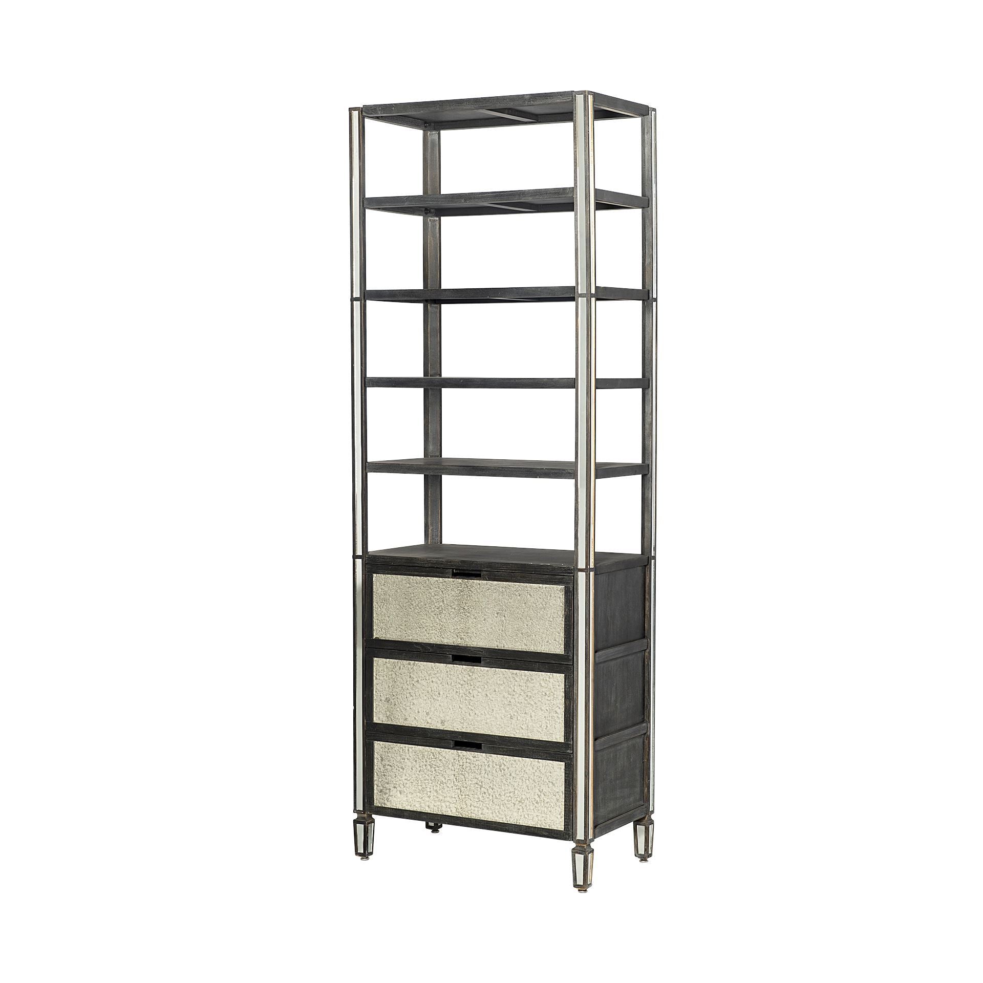 Sunnyvale Dark Brown Solid Wood and Mirrored Glass Four Shelf Shelving Unit