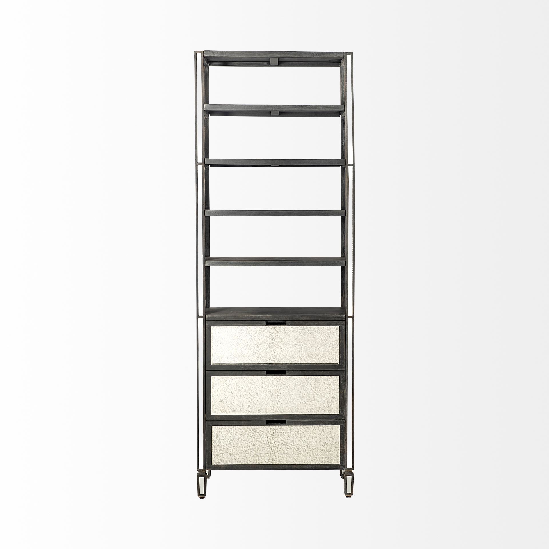 Sunnyvale Dark Brown Solid Wood and Mirrored Glass Four Shelf Shelving Unit