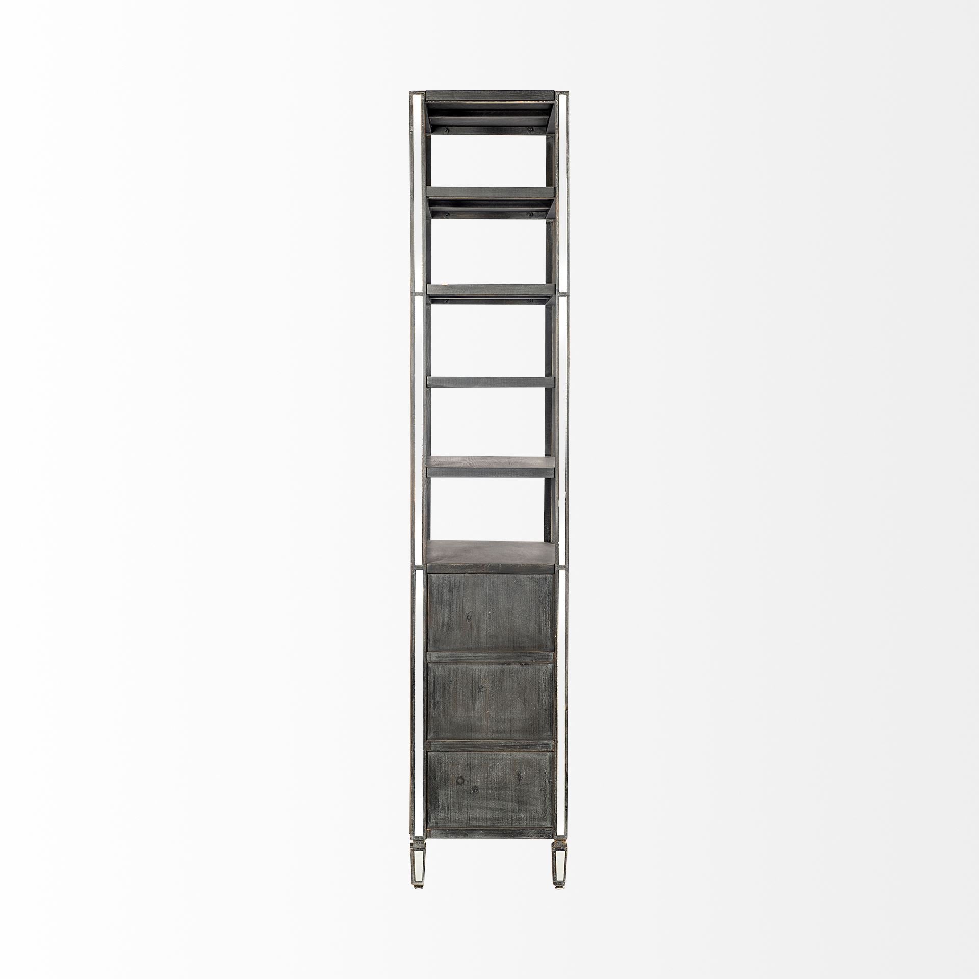 Sunnyvale Dark Brown Solid Wood and Mirrored Glass Four Shelf Shelving Unit