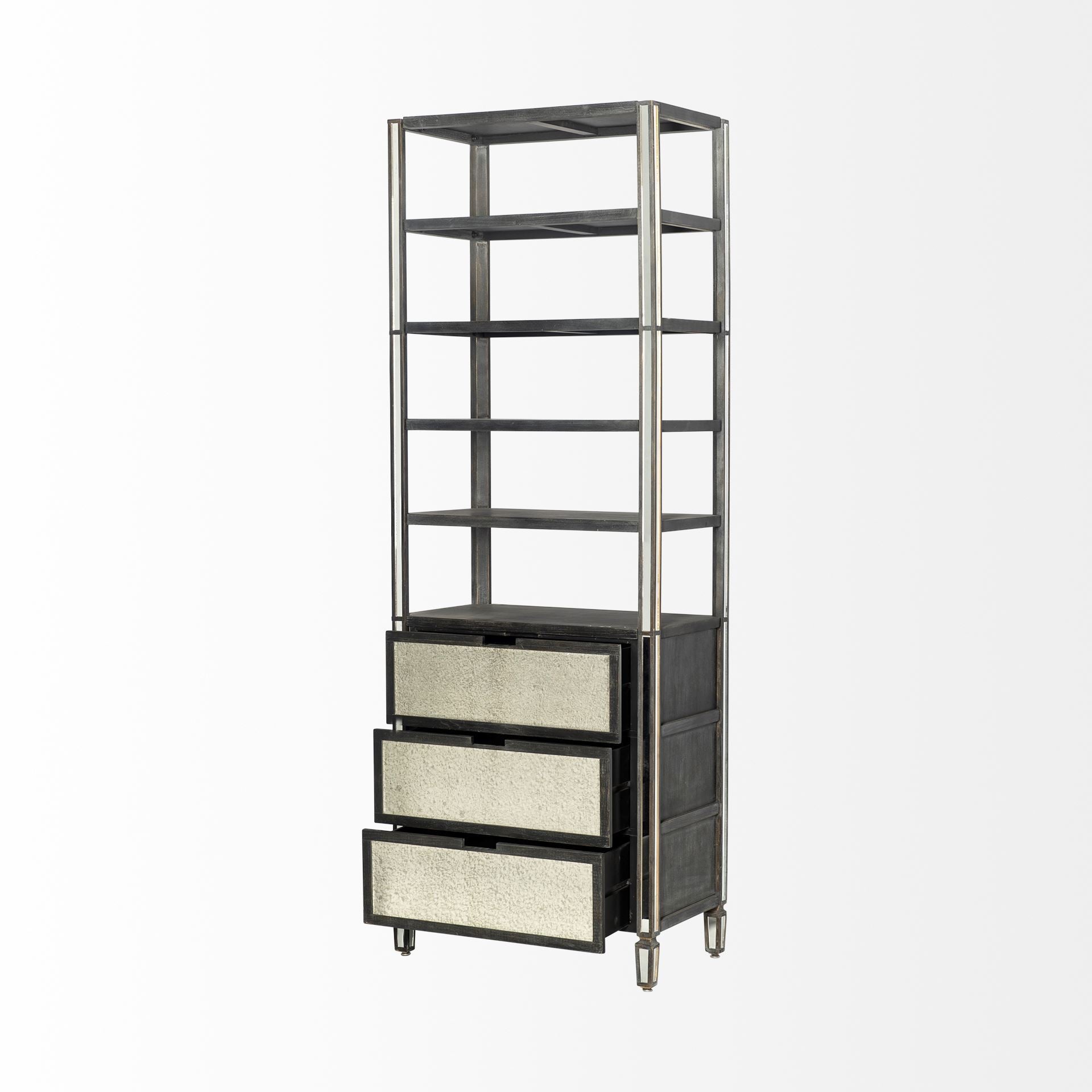 Sunnyvale Dark Brown Solid Wood and Mirrored Glass Four Shelf Shelving Unit