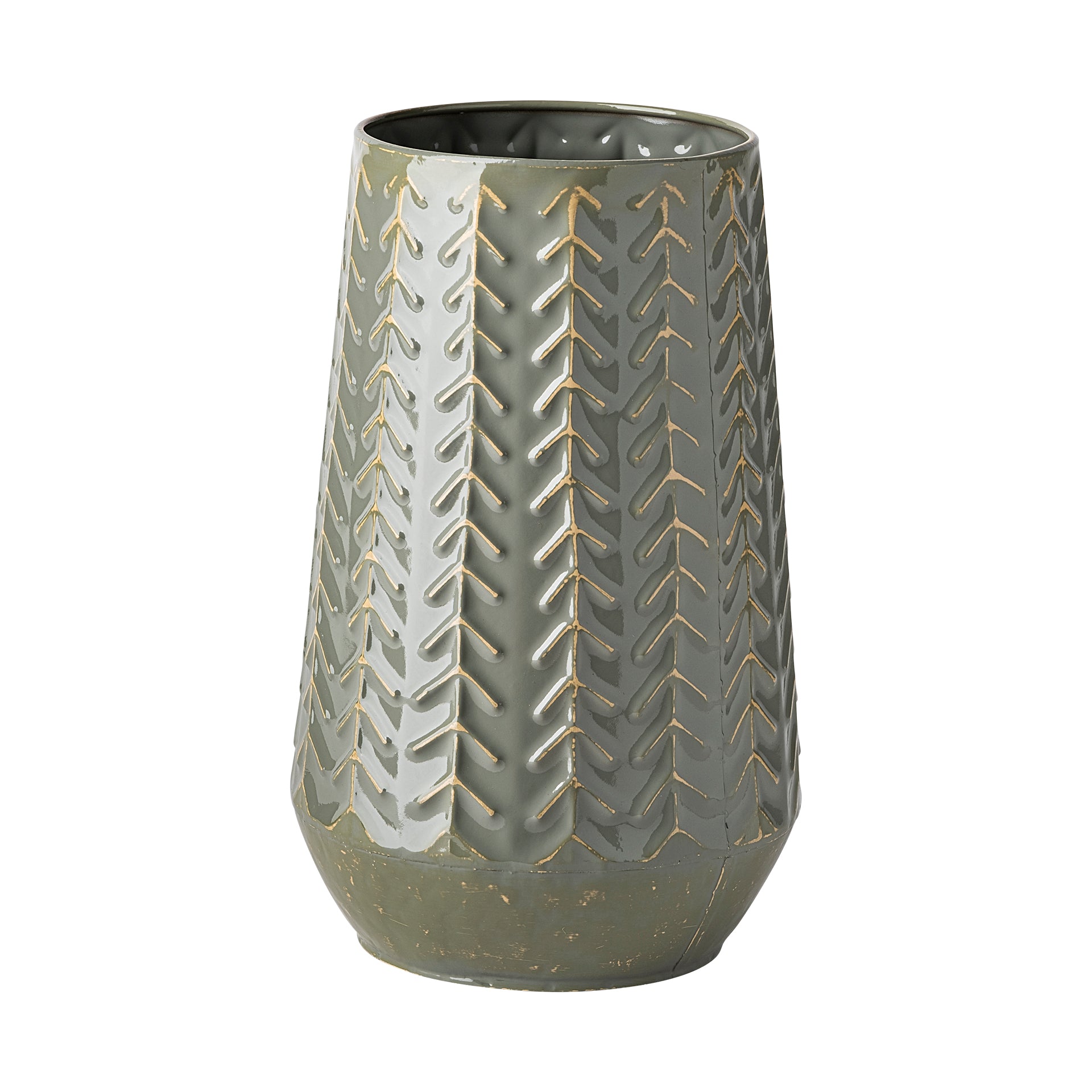 Gemma III Metal Glossy Green with Gray Chevron Vase