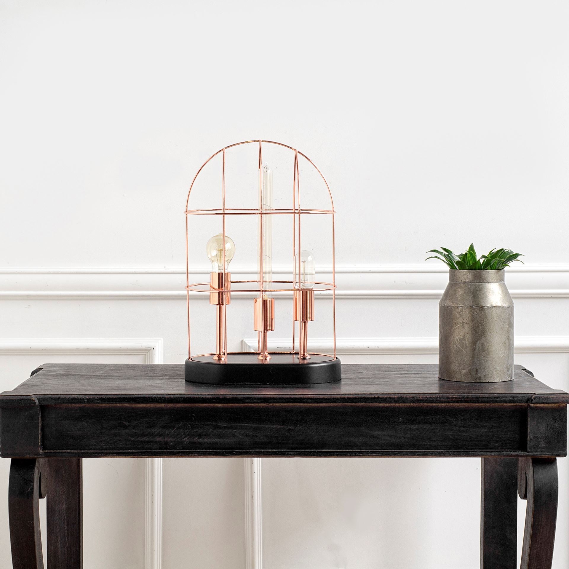 Sutton Rose-Gold Metal Cylindrical Cage Three Bulb Table Lamp