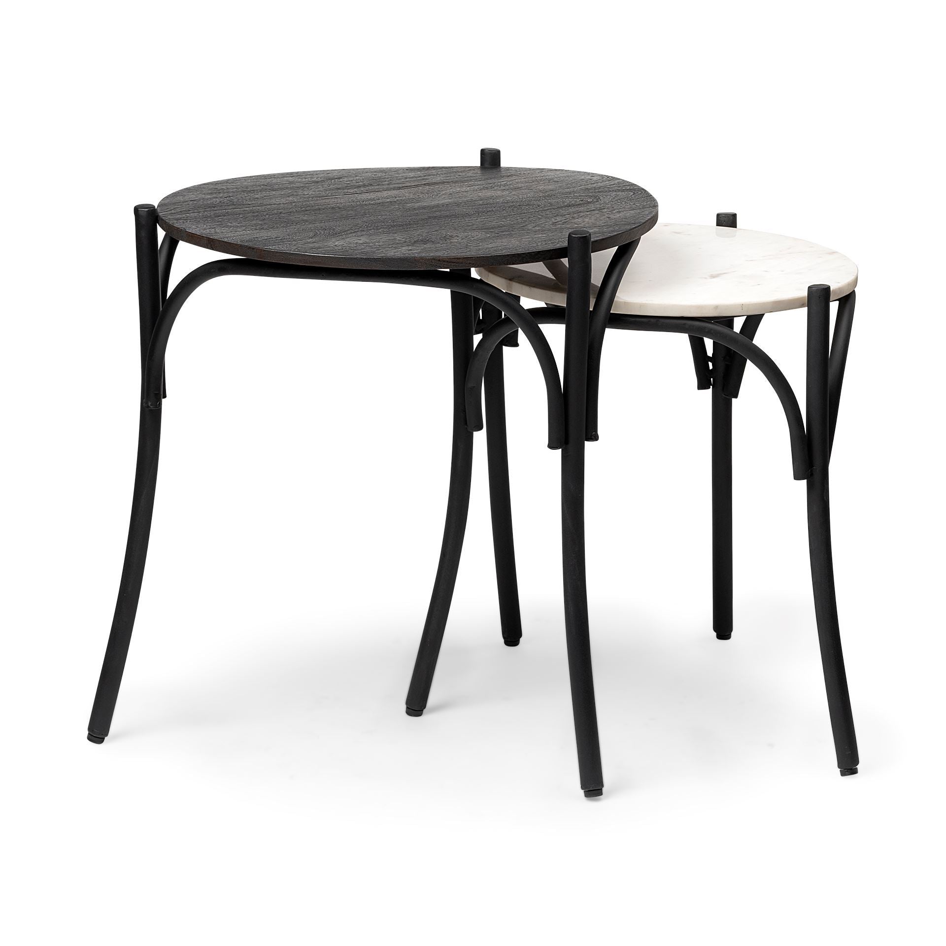 Etienne VII 24" Round Top Black Wood and Marble Top Nesting Table - Set of Two