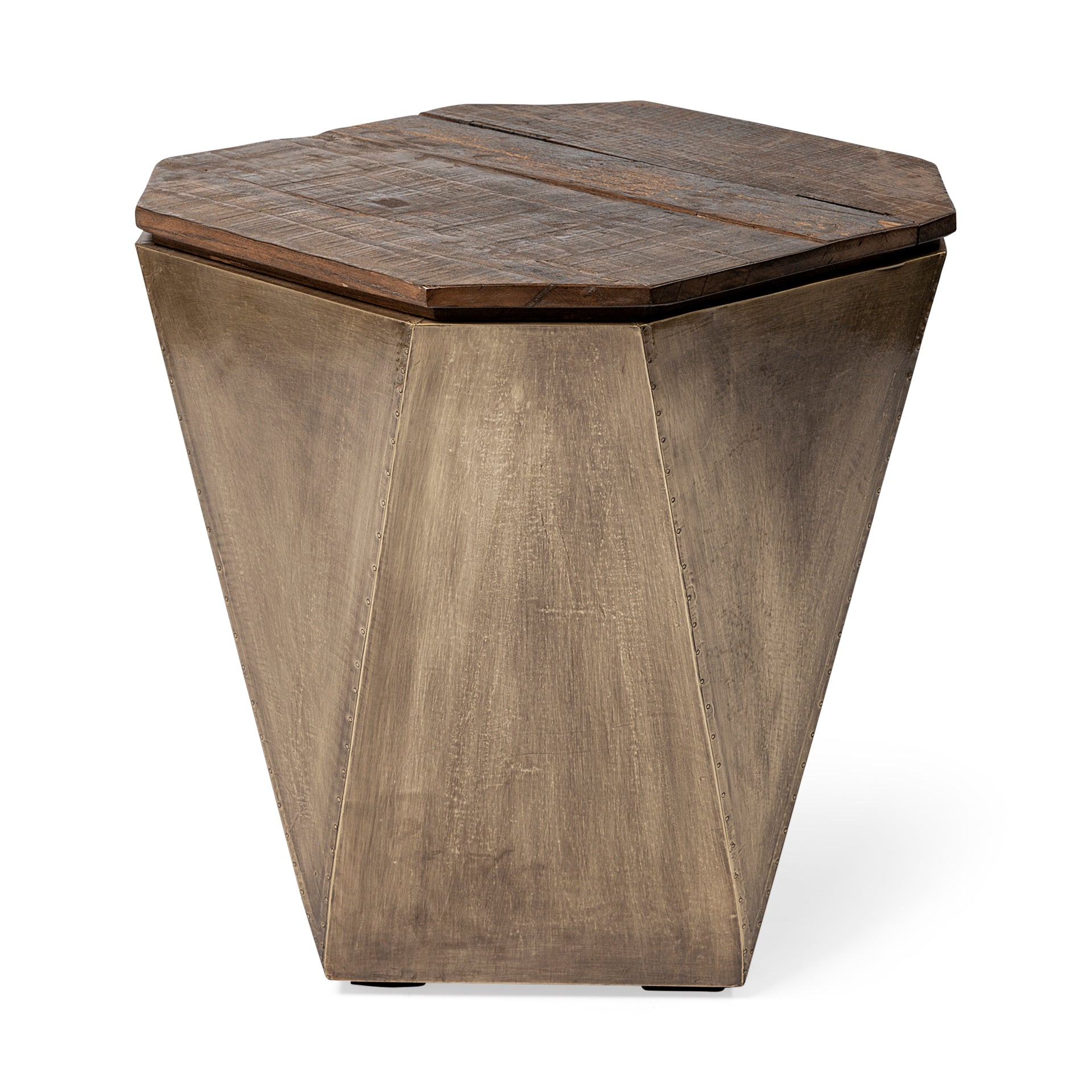 Esagono Octagonal Metal-Clad Reclaimed Wood End/Side Table with Storage