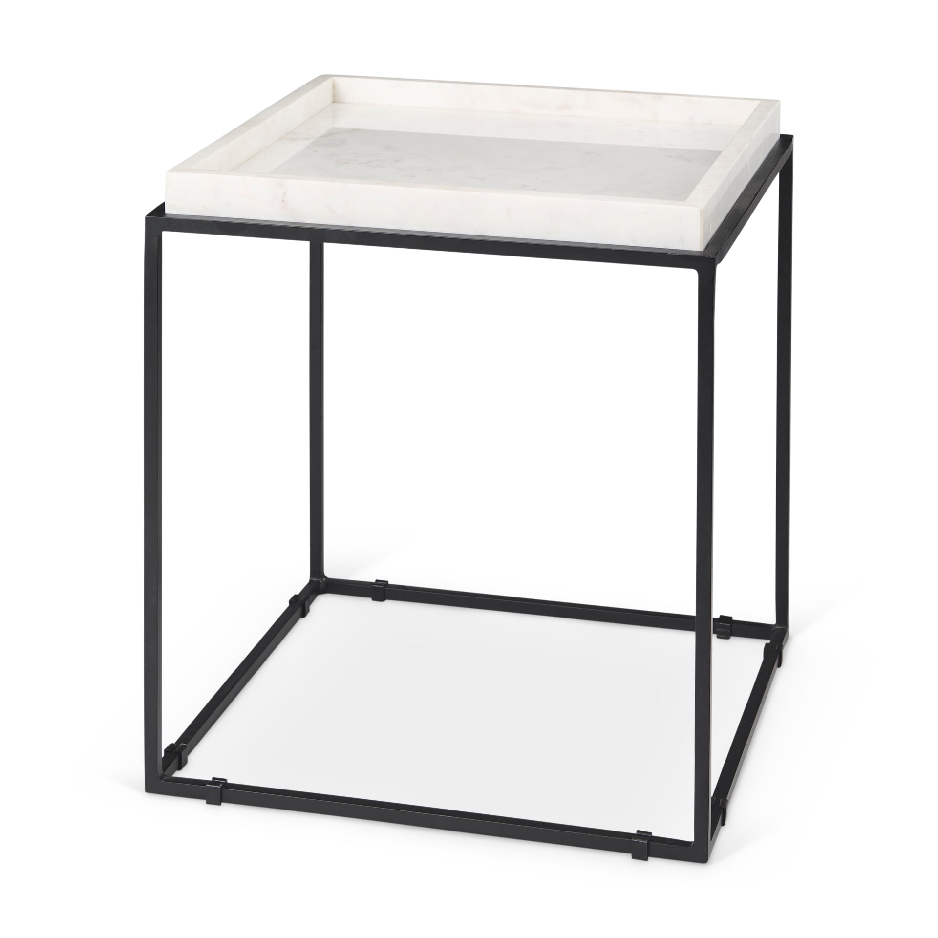 Nathan II Square Top White Marble and Black Metal End/Side Table