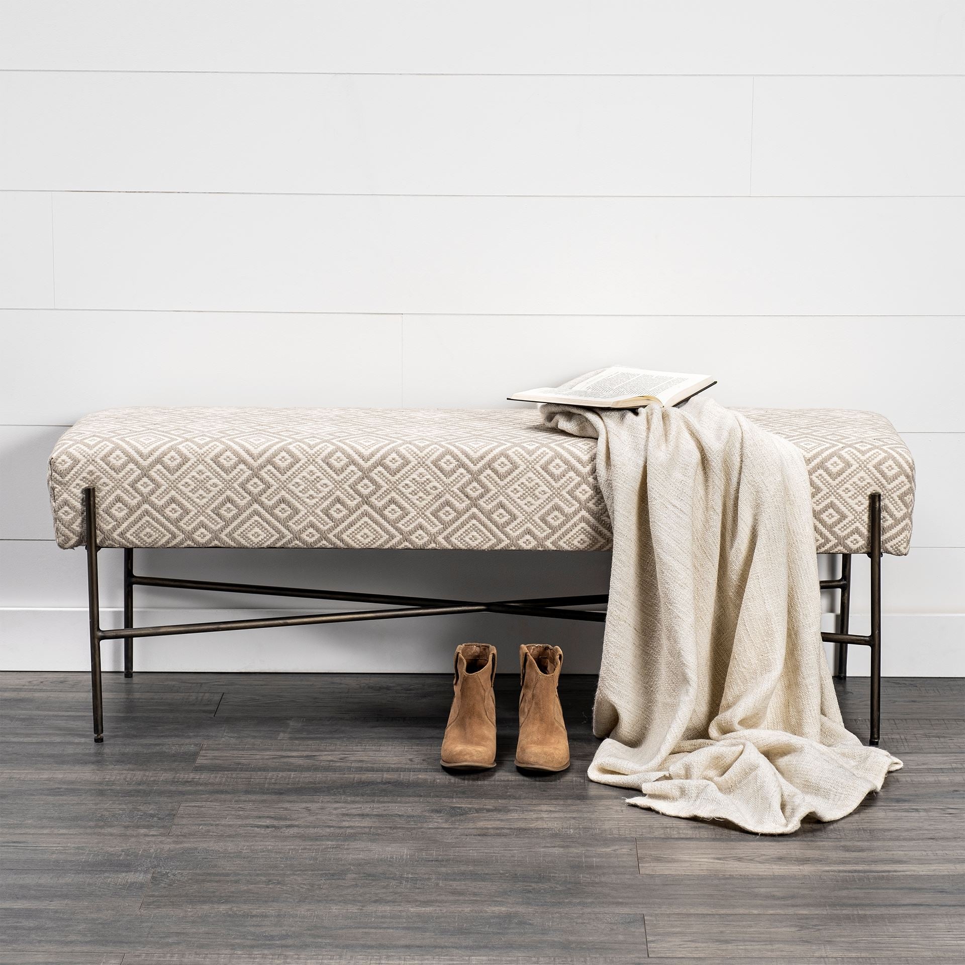 Avery II Off White Upholstered Seat With Metal Base Accent Bench