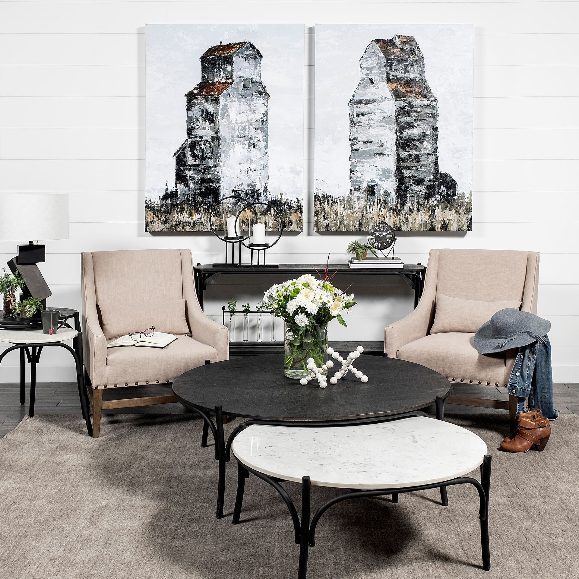 Etienne 36" Round White Marble Top Black Metal Base Coffee Table